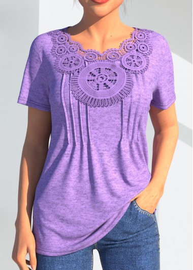 Light Purple tops,Plain Color tops,ROTITA Crinkle Chest Lace Stitching Light Purple T Shirt