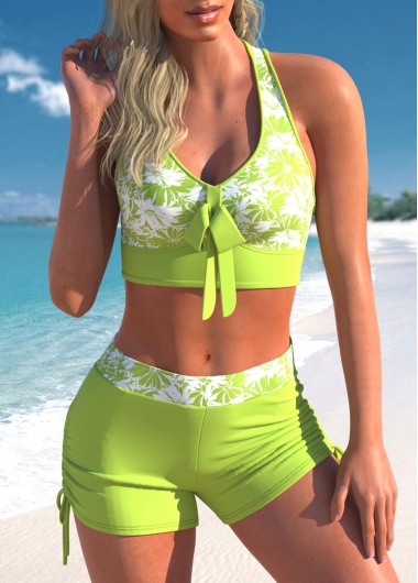 Light Green swimwear,Floral swimwear,ROTITA Light Green Floral Print Cross Strap Bikini Set