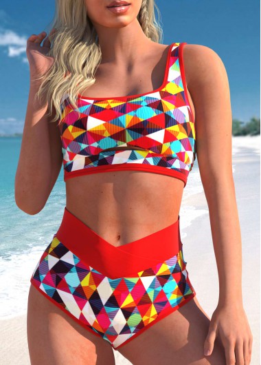 Red swimwear,Geometric swimwear,ROTITA Red Geometric Print High Waisted Bikini Set
