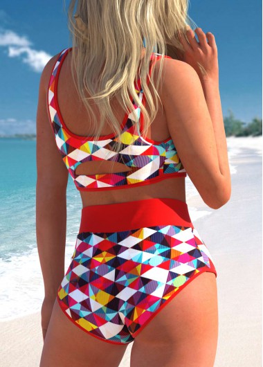 Red swimwear,Geometric swimwear,ROTITA Red Geometric Print High Waisted Bikini Set