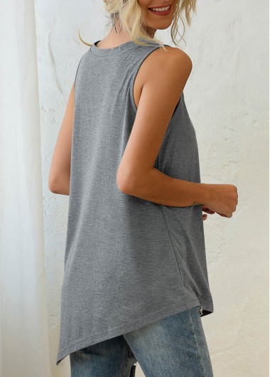 Grey tops,Plain Color tops,Asymmetric Hem Grey Decorative Button Tank Top