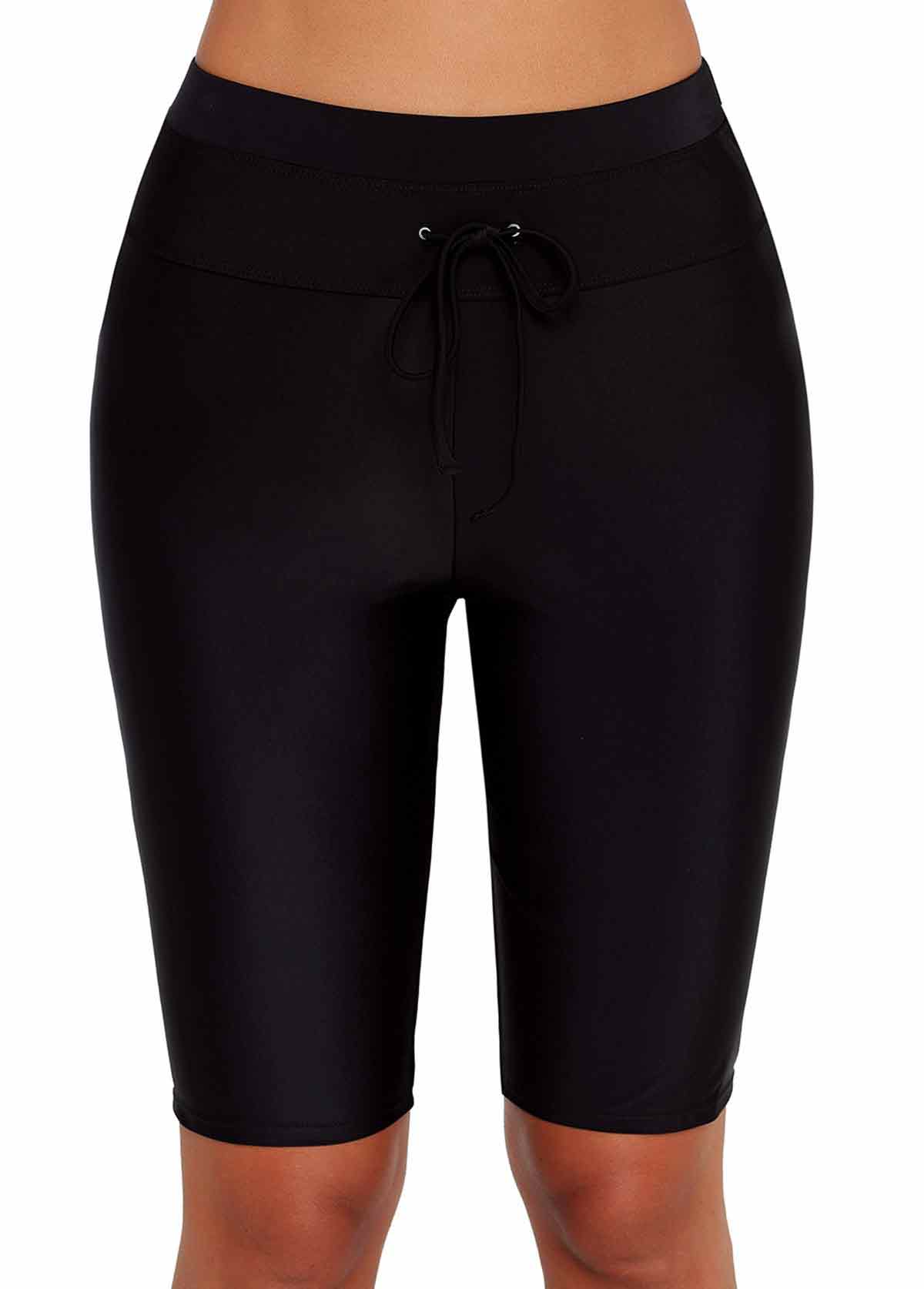 Drawstring Detail Black High Waist Swim Shorts