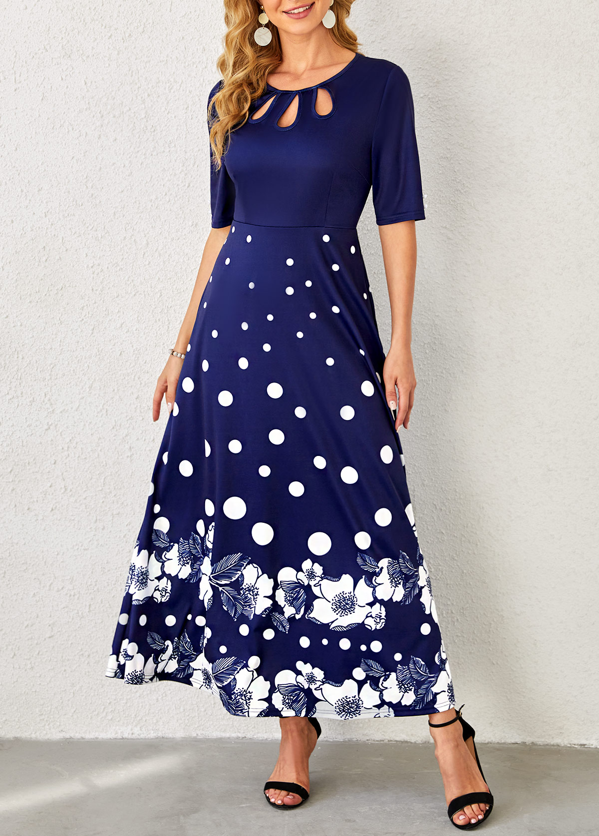 ROTITA Floral Print Polka Dot Navy Blue Dress