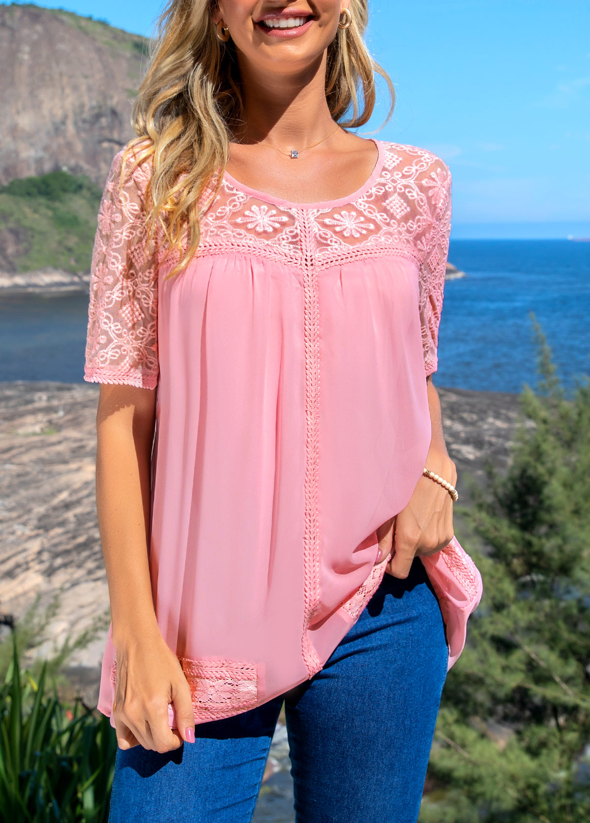 ROTITA Lace Patchwork Pink Round Neck Blouse