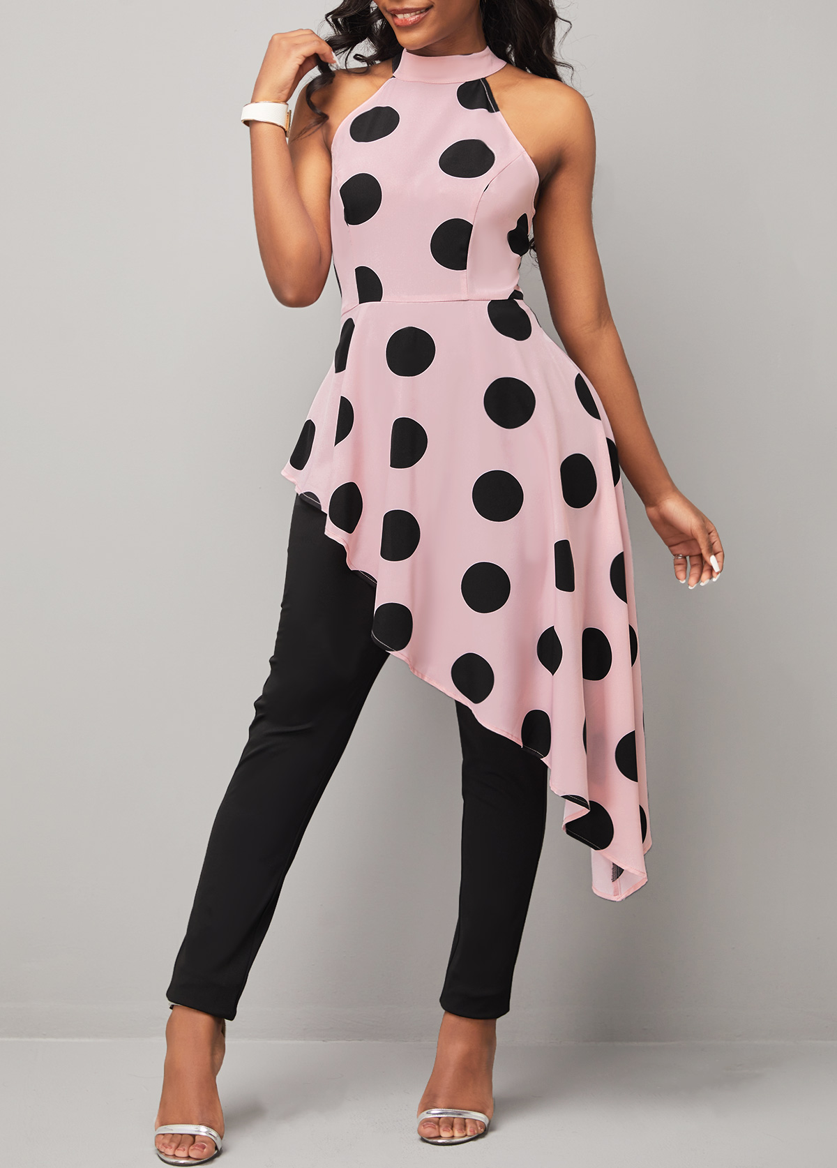 ROTITA Bib Neck Asymmetric Hem Polka Dot Pink Jumpsuit