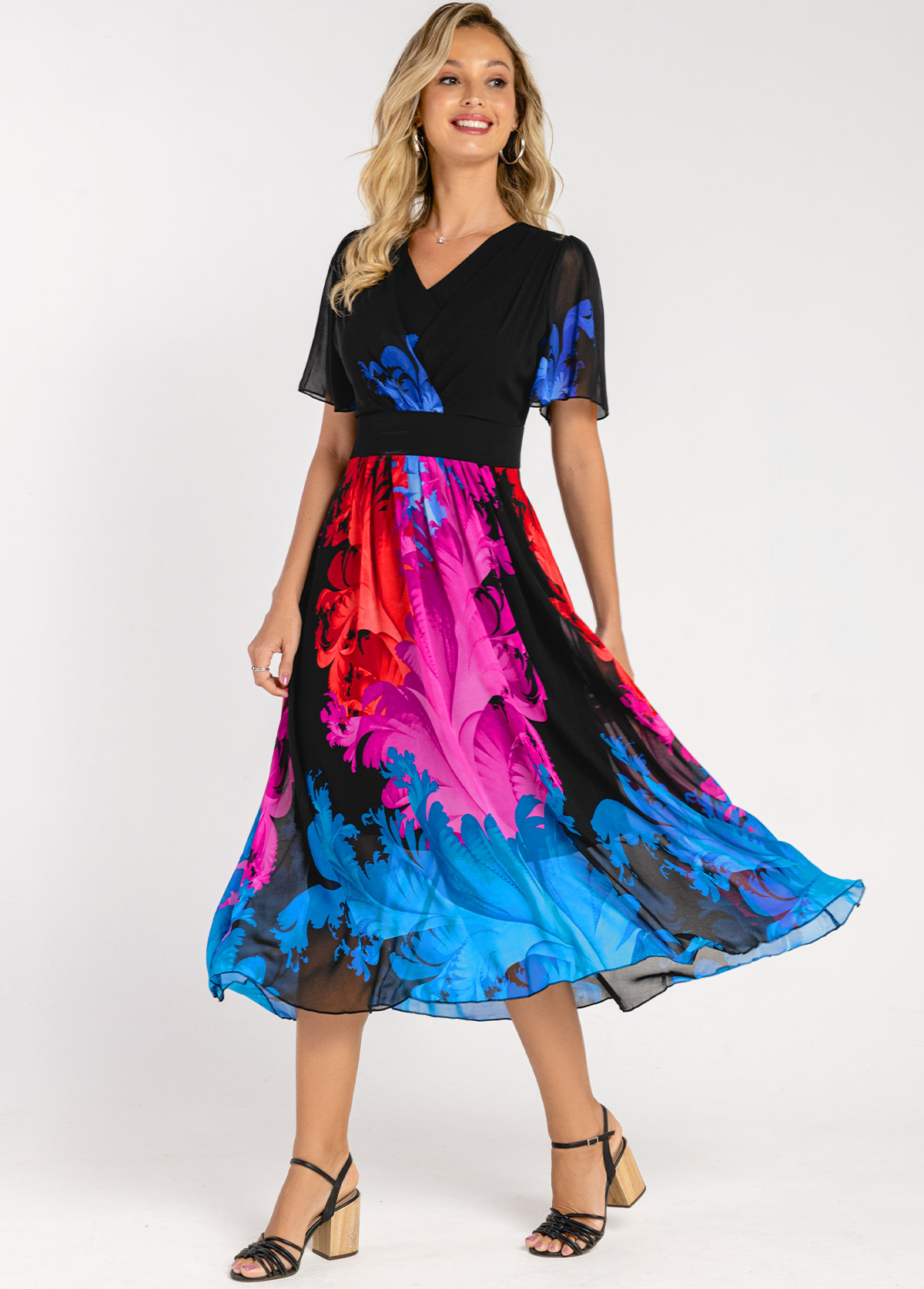 V Neck Colorful Print High Waisted Dress