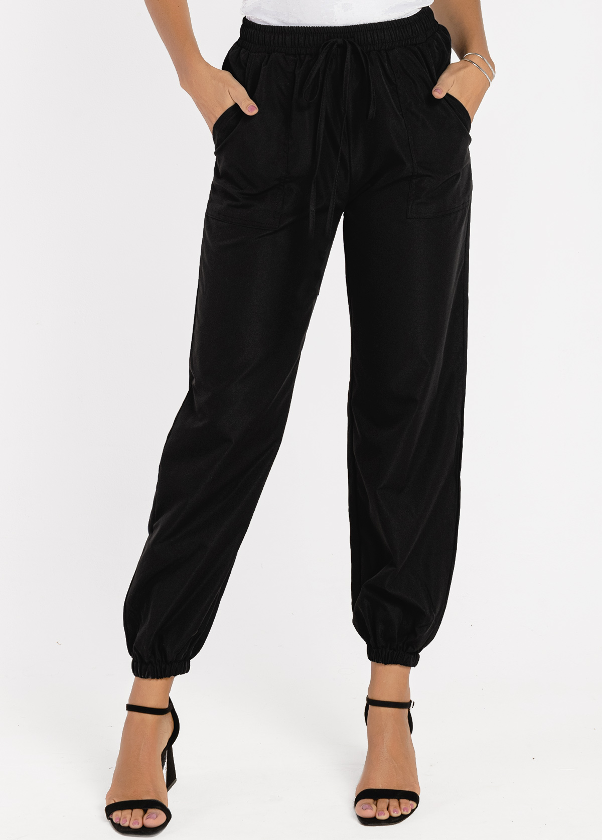 High Waisted Black Pocket Tie Front Pants