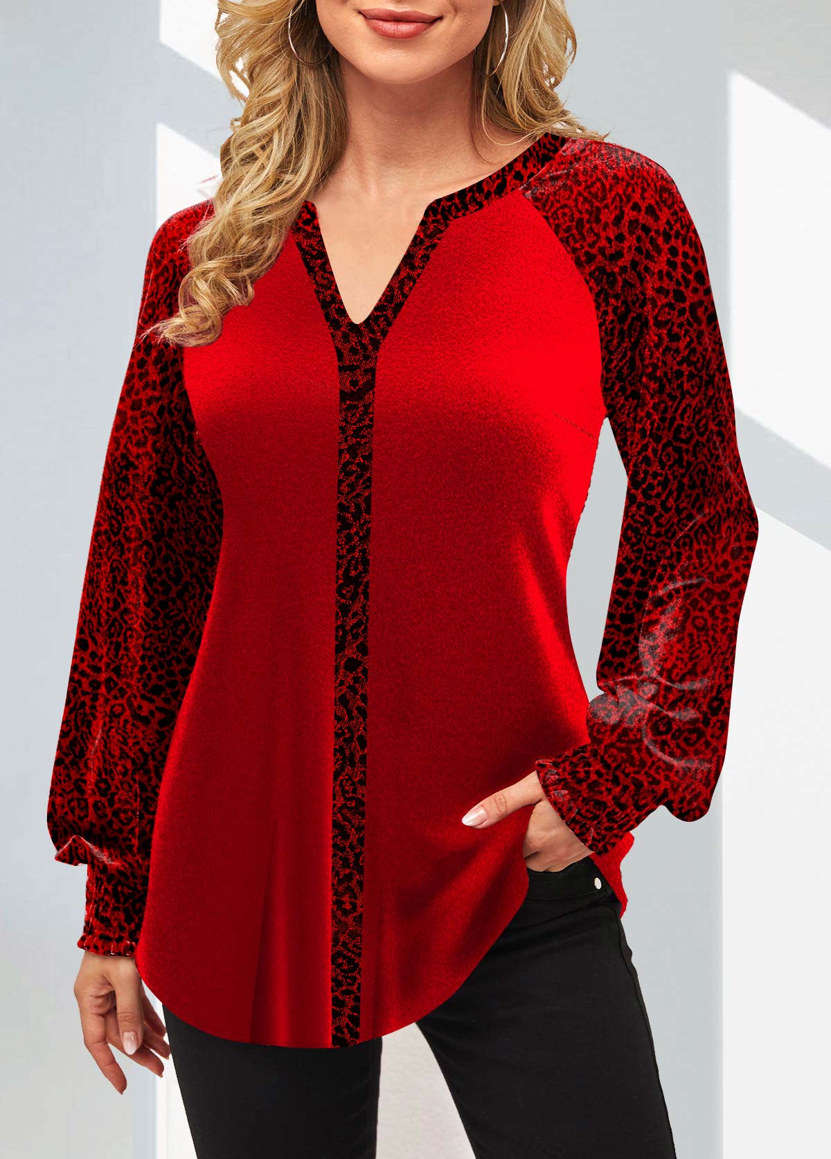 Red tops,Leopard tops,ROTITA Velvet Stitching Leopard Split Neck Red Valentines Blouse