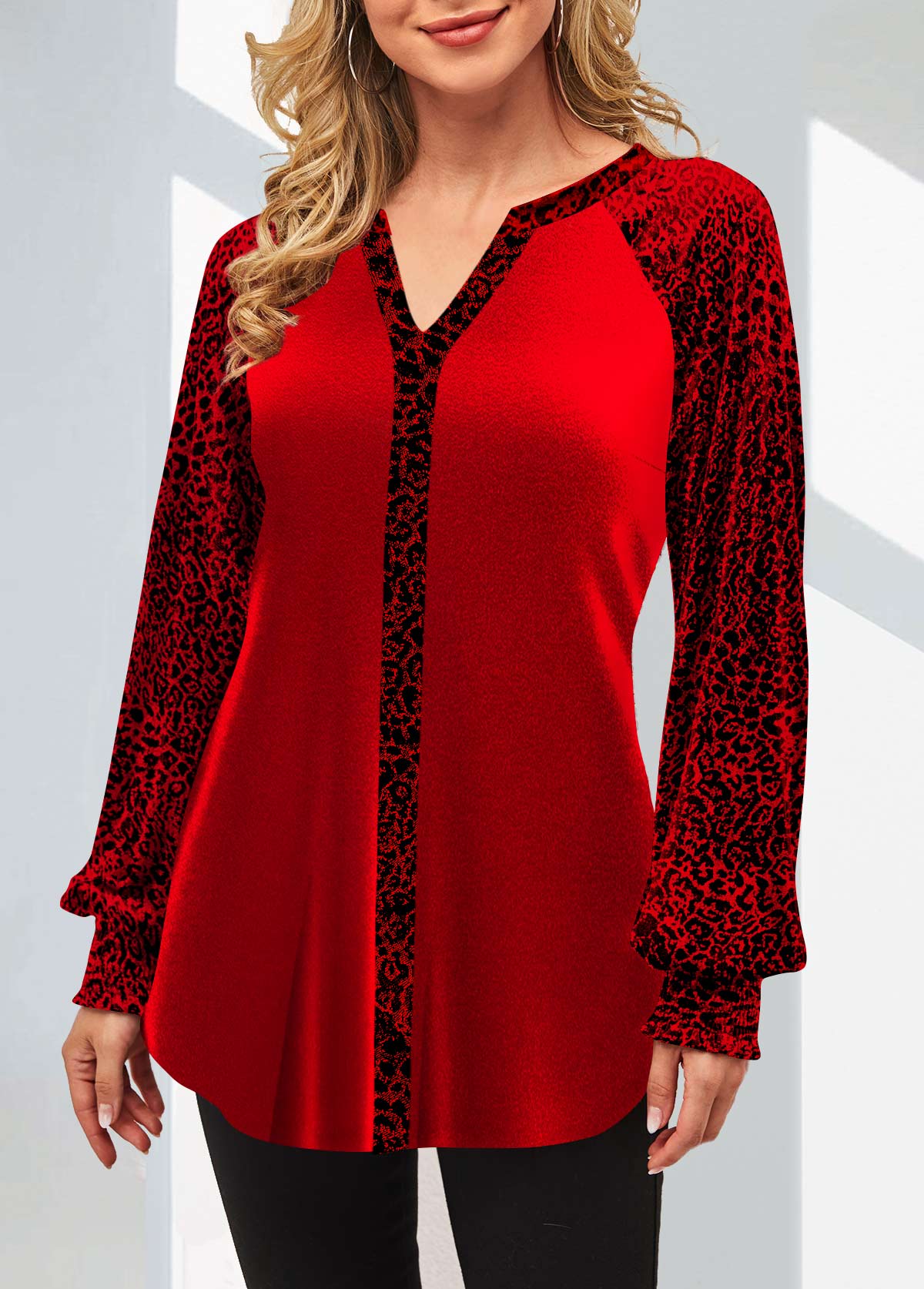 Red tops,Leopard tops,ROTITA Velvet Stitching Leopard Split Neck Red Valentines Blouse