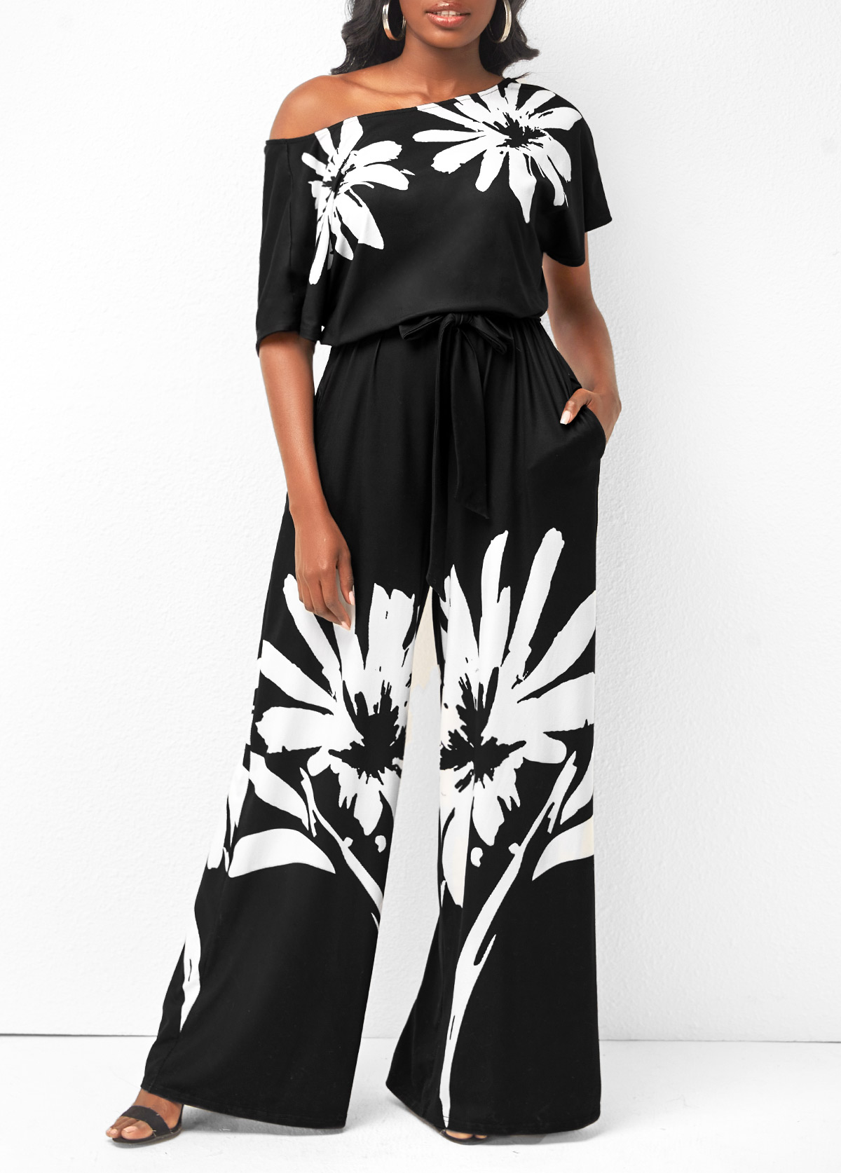 Black jumpsuits&rompers,Floral jumpsuits&rompers,ROTITA Floral Print Belted Skew Neck Black Jumpsuit