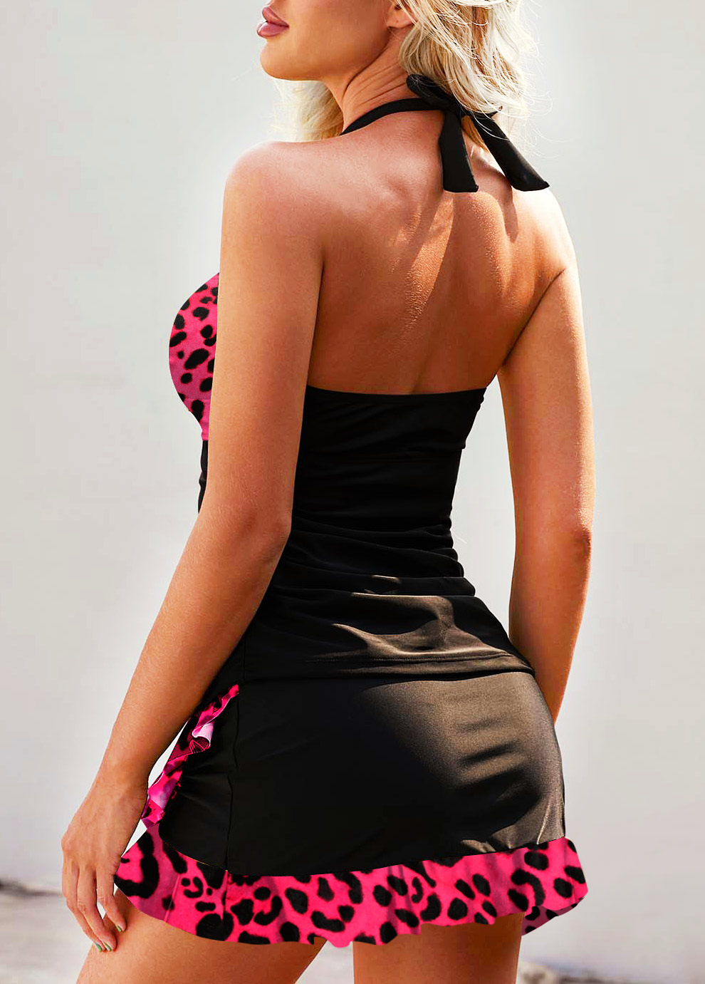 Black swimwear,Leopard swimwear,ROTITA Leopard Halter Black Front Cross Tankini Set