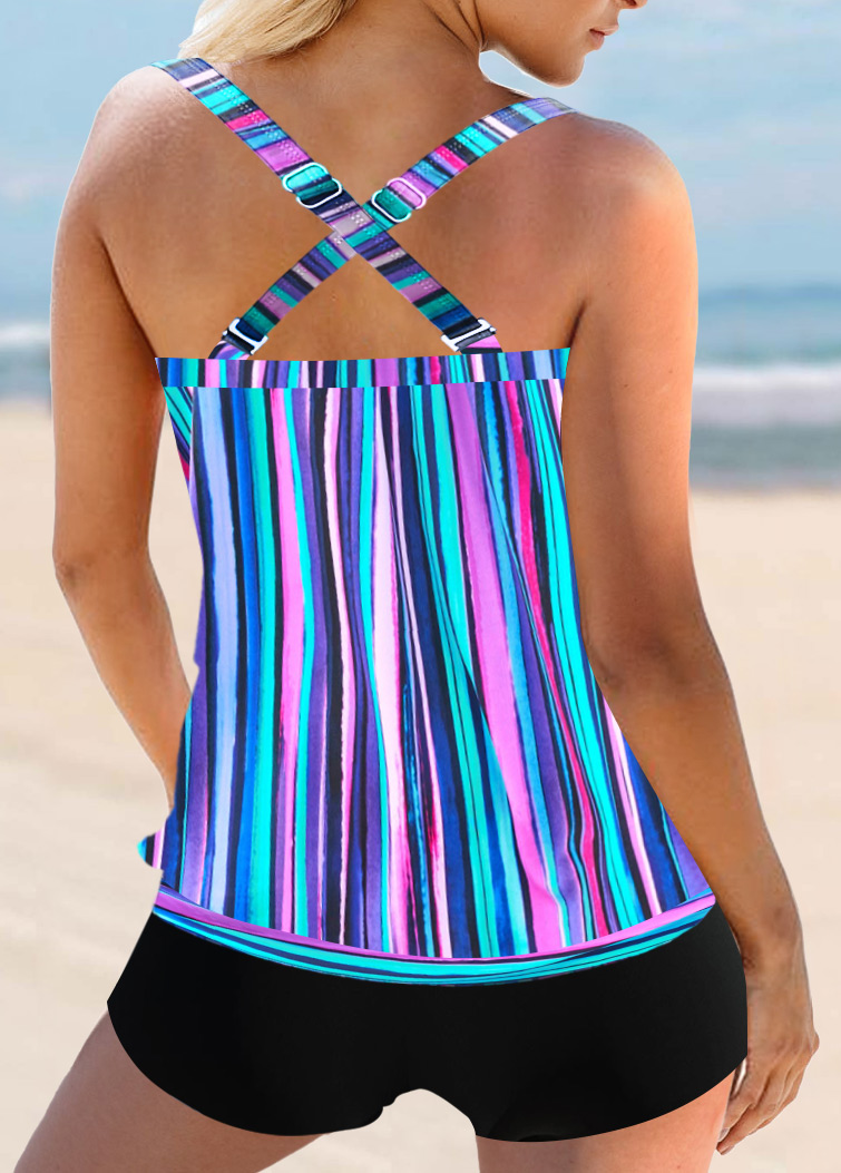 Blue swimwear,Striped swimwear,ROTITA Rainbow Stripe Blue Cross Strap Tankini Top