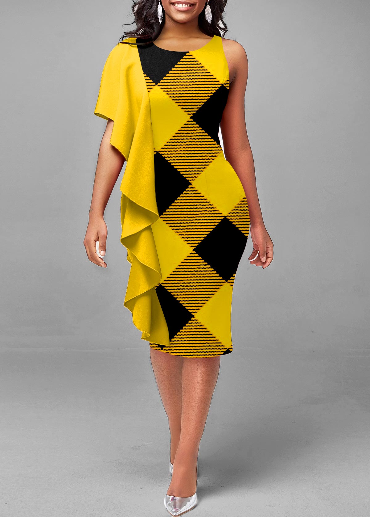 ROTITA Plaid Yellow Flounce Round Neck Dress