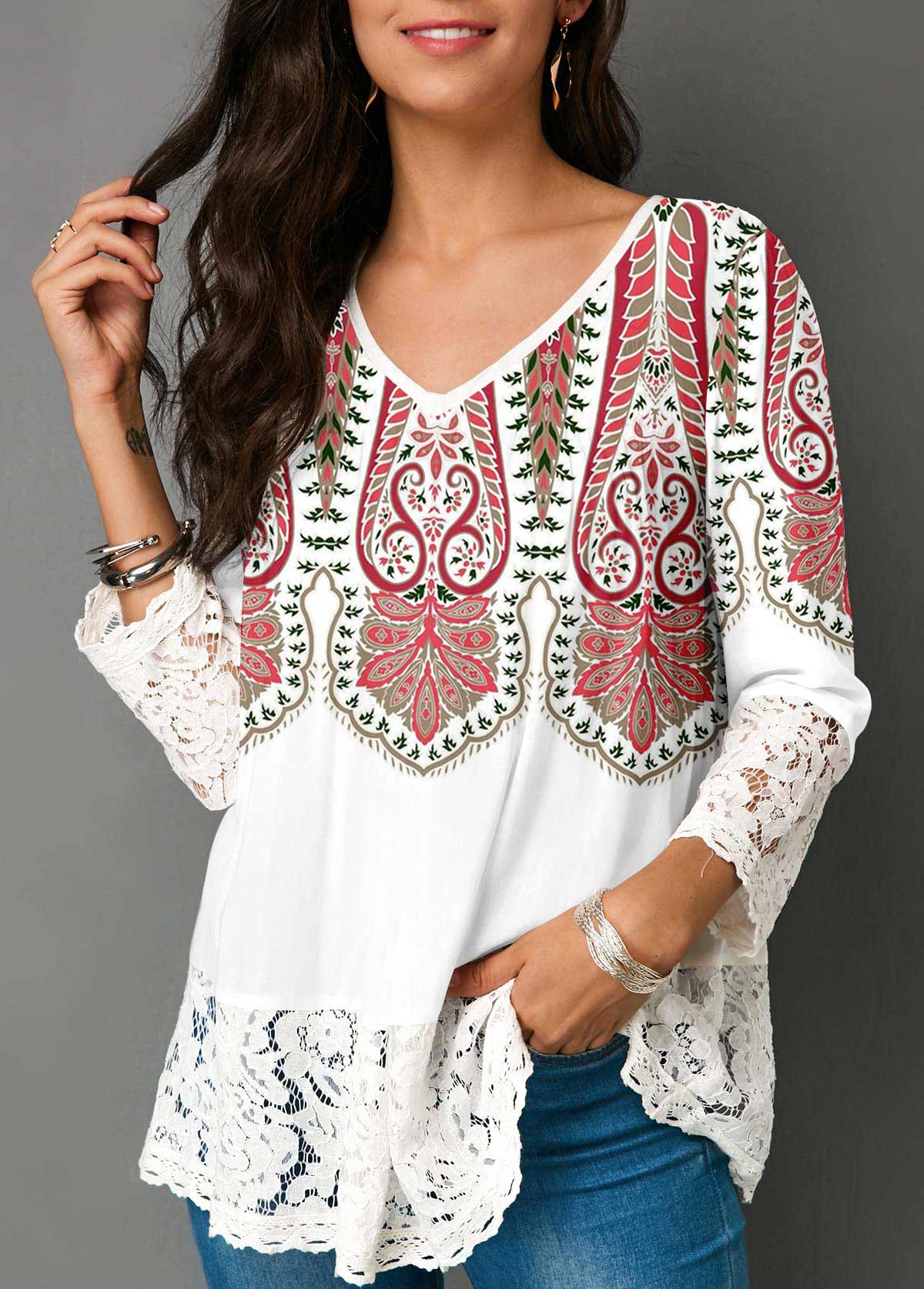 White tops,Tribal tops,ROTITA Tribal Print White Lace Patchwork Blouse