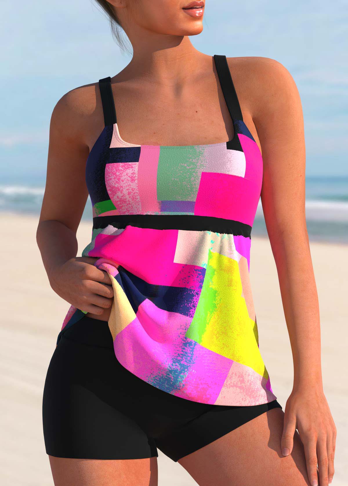 ROTITA Hot Pink Geometric Print Tankini Top-No Bottom