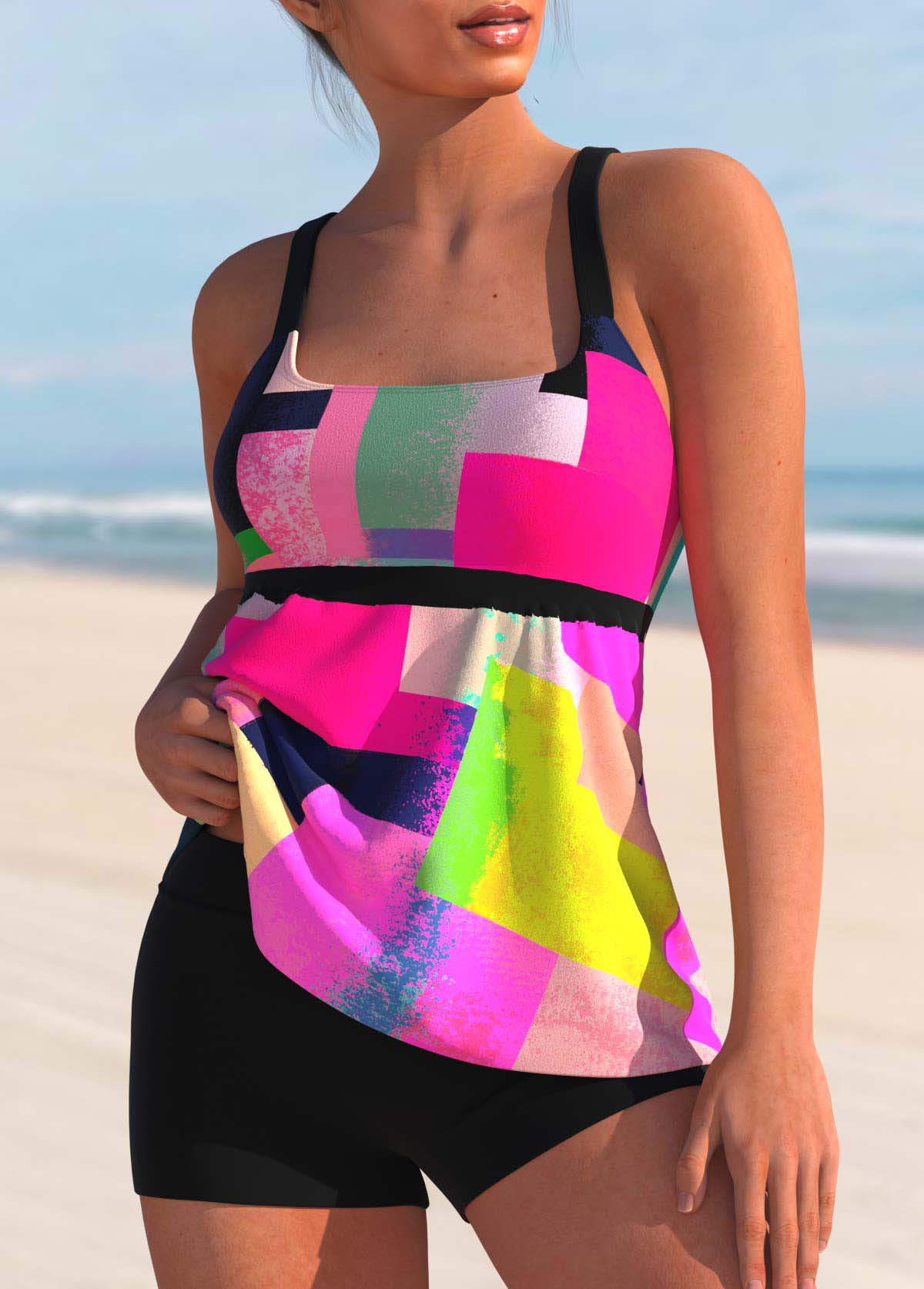 Hot Pink swimwear,Geometric swimwear,ROTITA Hot Pink Geometric Print Tankini Top