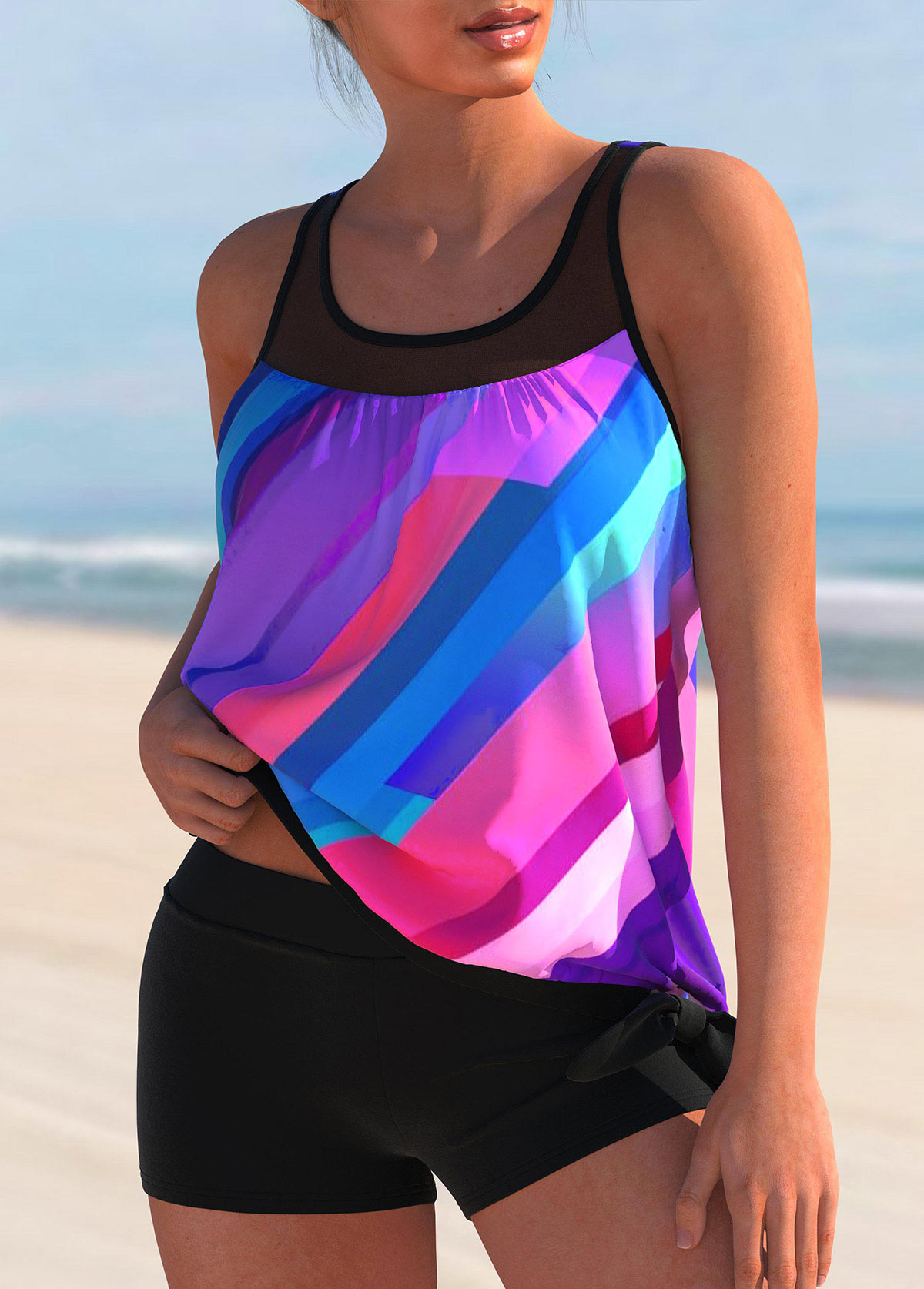 Rainbow Color swimwear,Geometric swimwear,ROTITA Mesh Stitching Geometric Print Rainbow Color Tankini Top