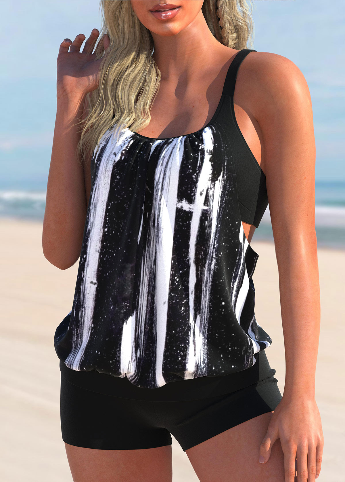 Black swimwear,Tie Dye swimwear,ROTITA Striped Black Wide Strap Tankini Top