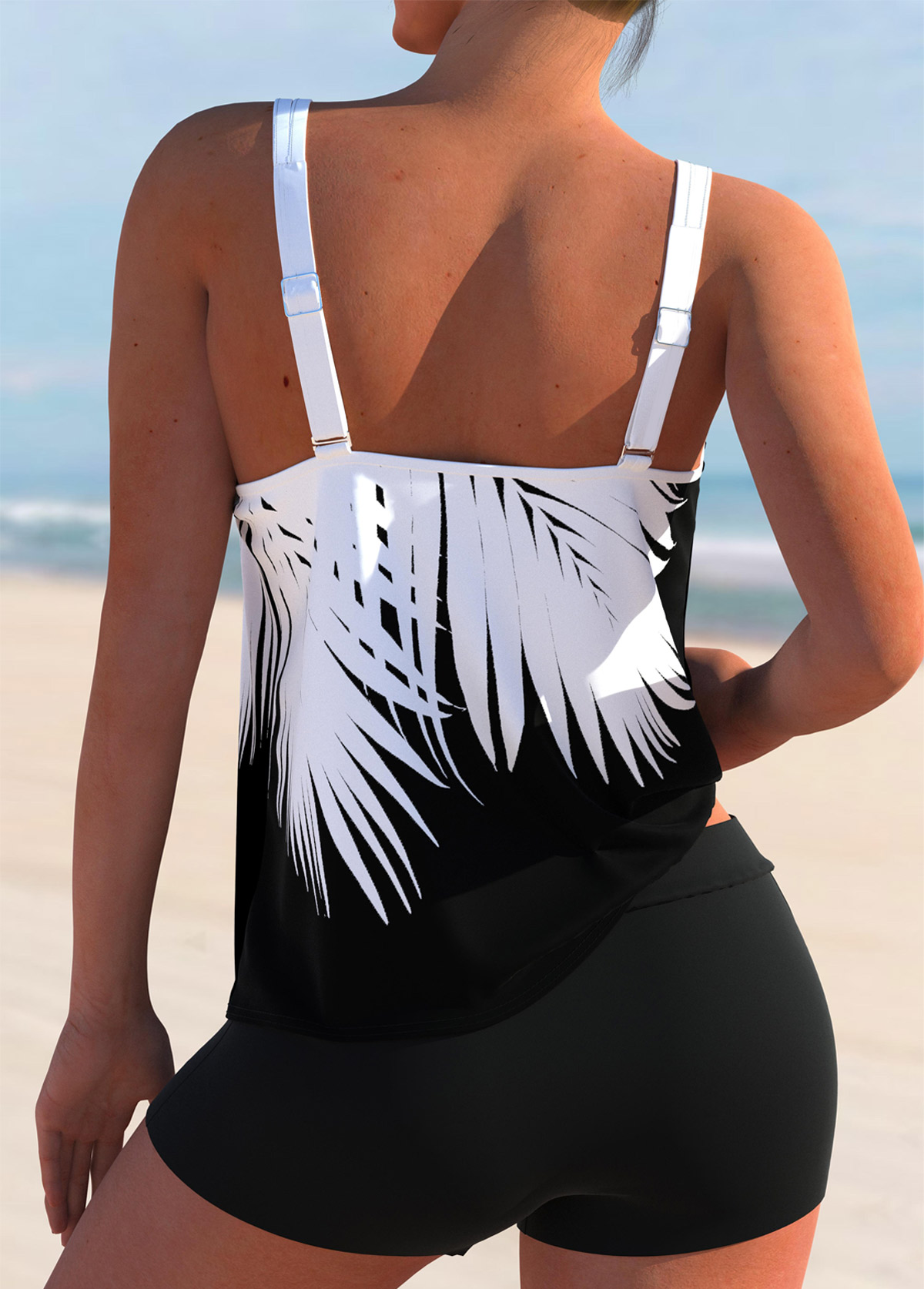 Black swimwear,Plants swimwear,ROTITA Tropical Print Double Straps Black Tankini Top