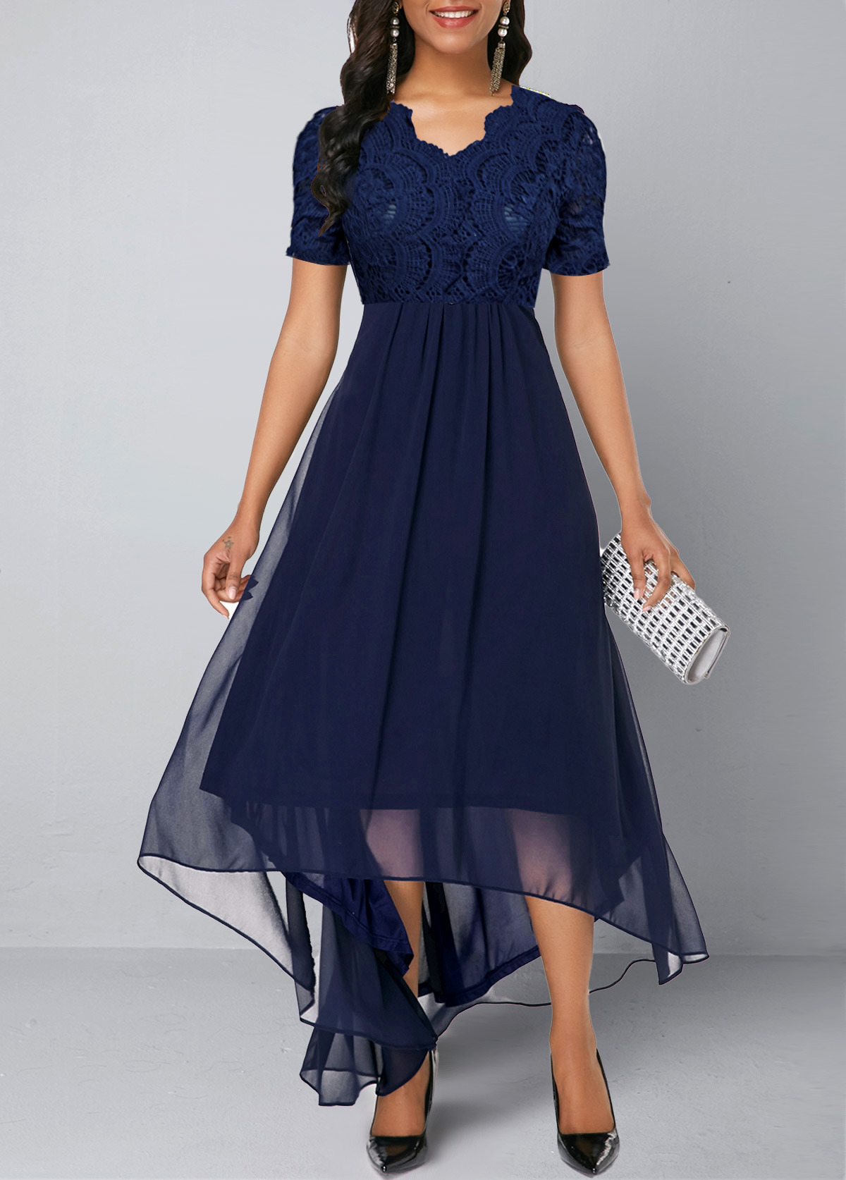 ROTITA Lace Stitching Asymmetric Hem Navy Blue Chiffon Dress