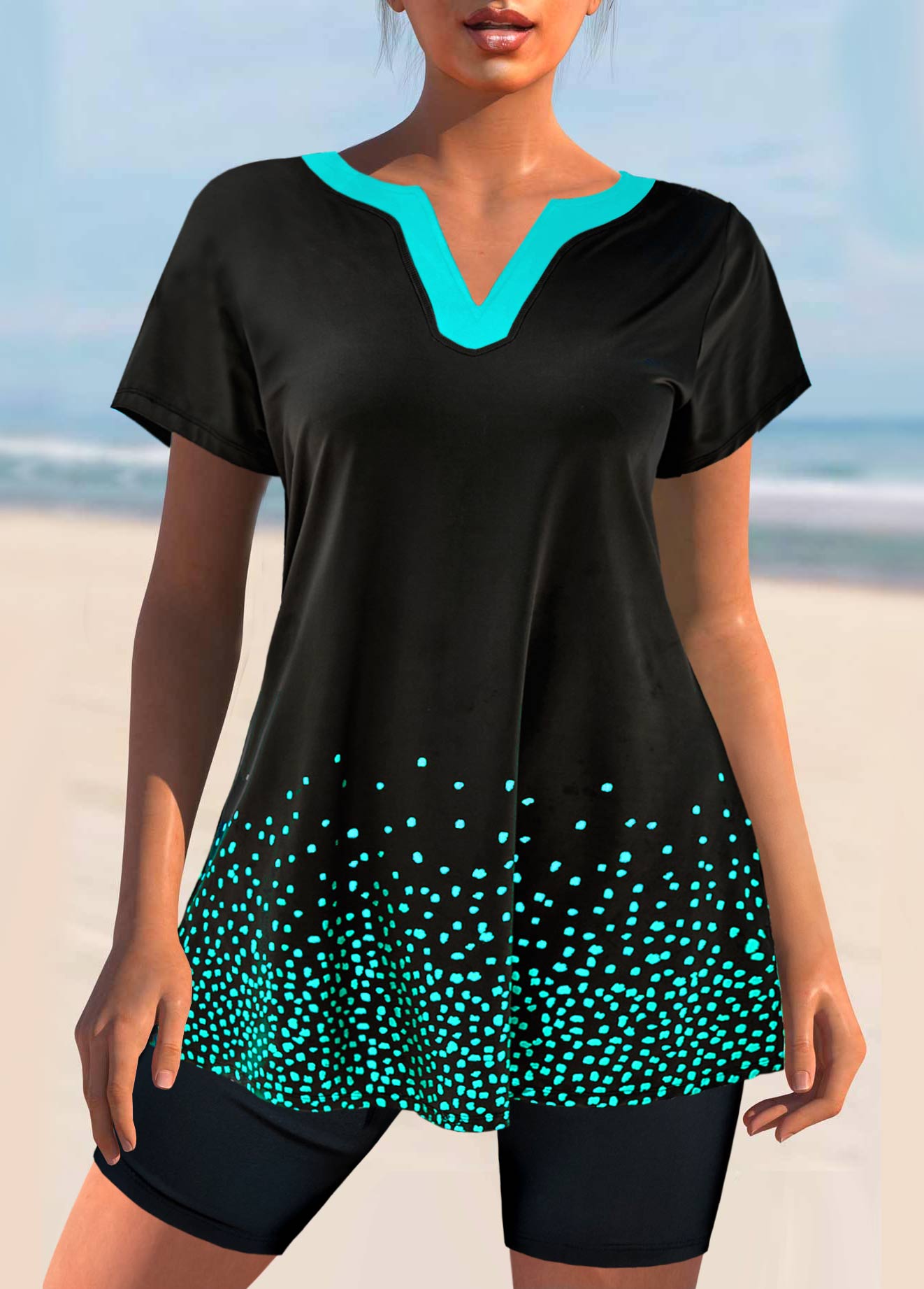ROTITA Black Split Neck Short Sleeve Tankini Set