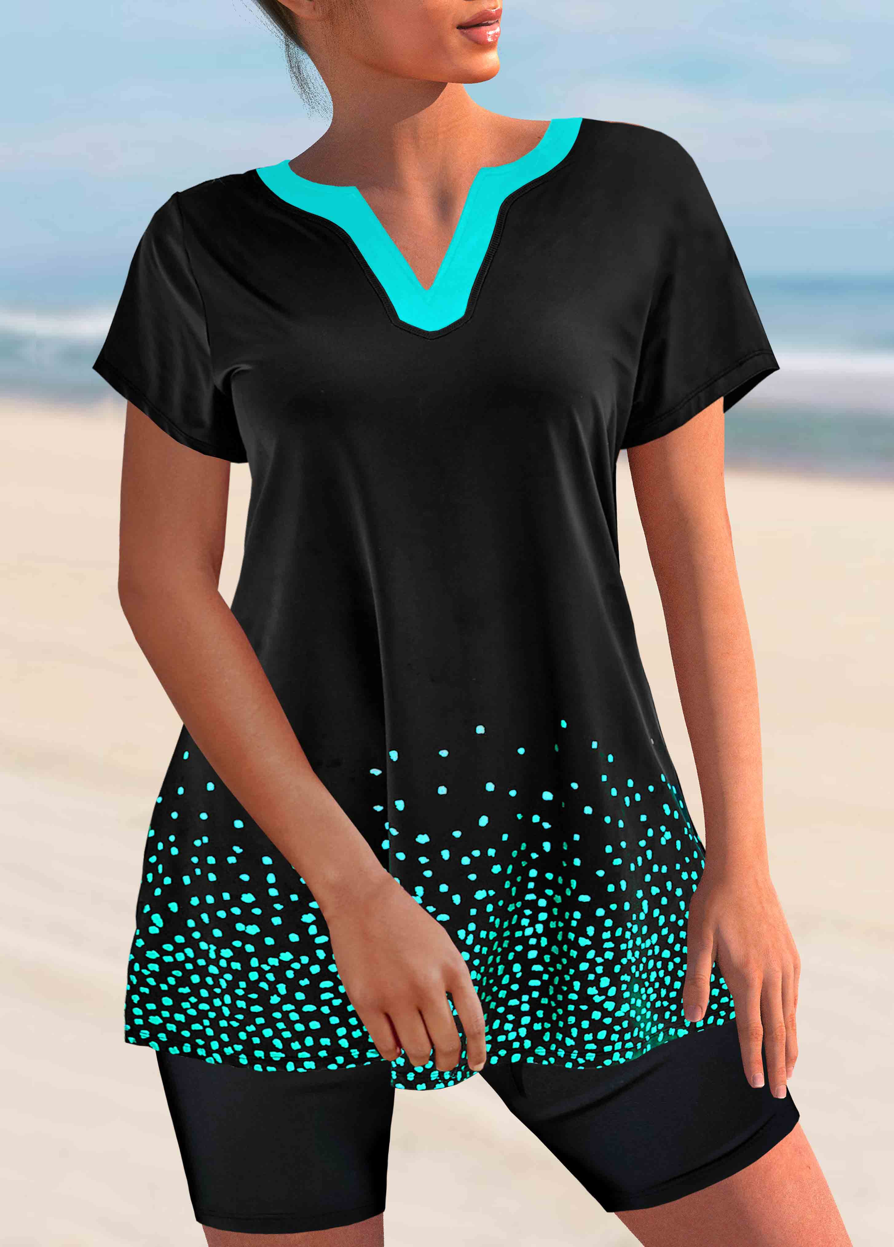 Black swimwear,Dot swimwear,ROTITA Black Split Neck Short Sleeve Tankini Set