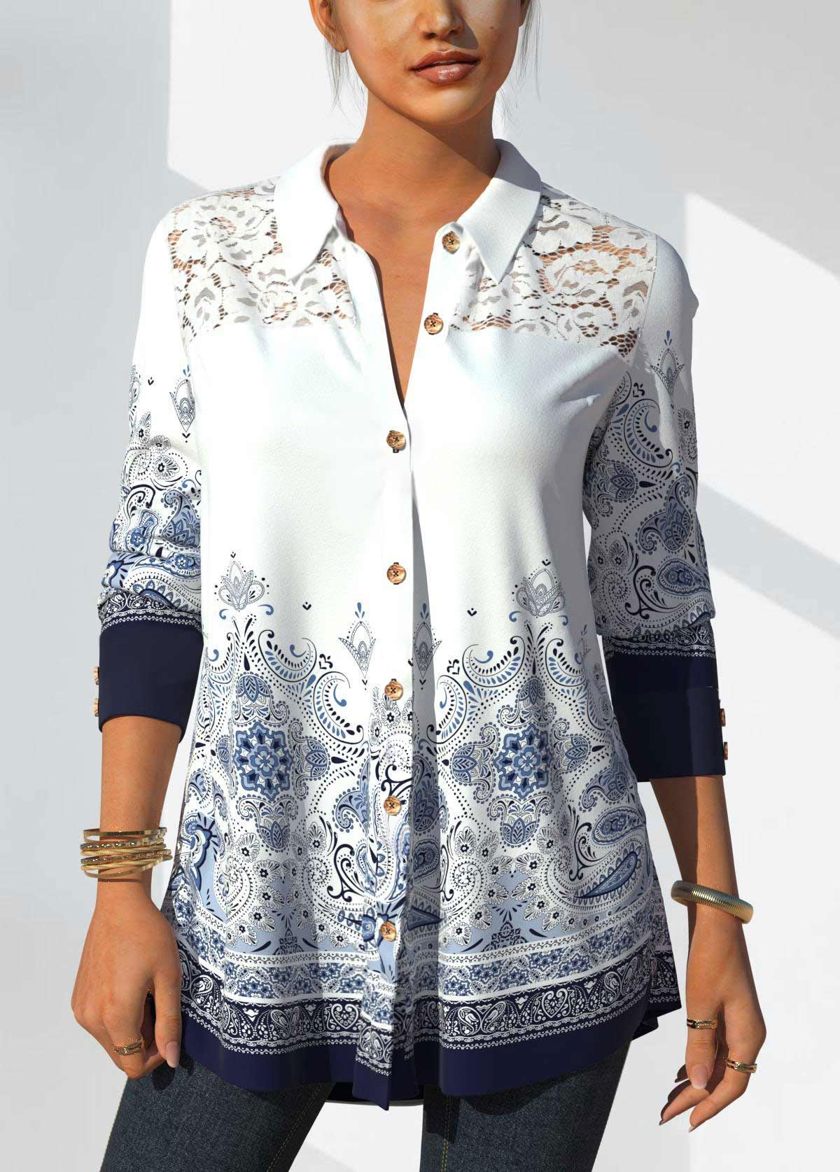 White tops,Tribal tops,ROTITA Tribal Print White Lace Stitching Blouse