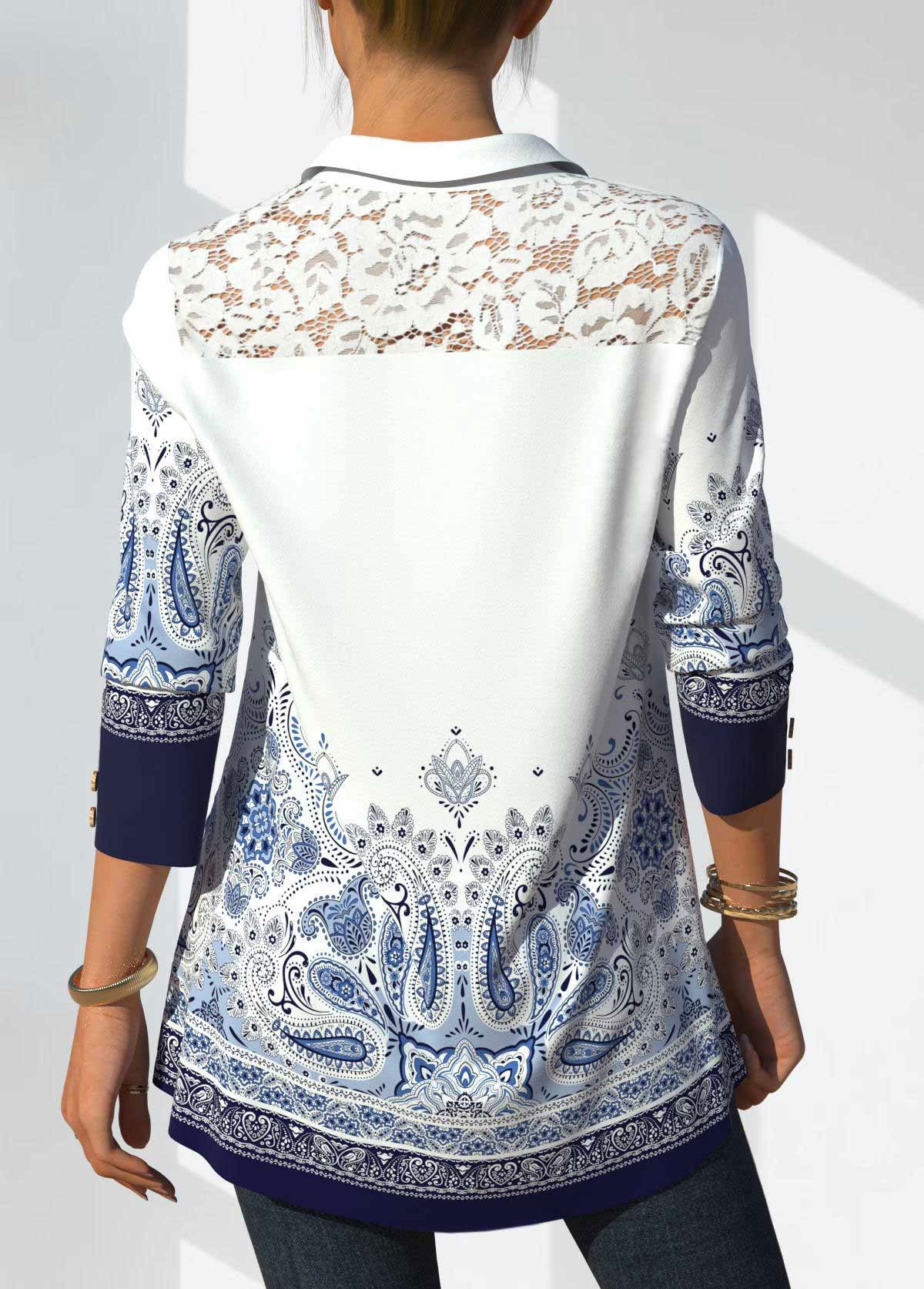 White tops,Tribal tops,ROTITA Tribal Print White Lace Stitching Blouse