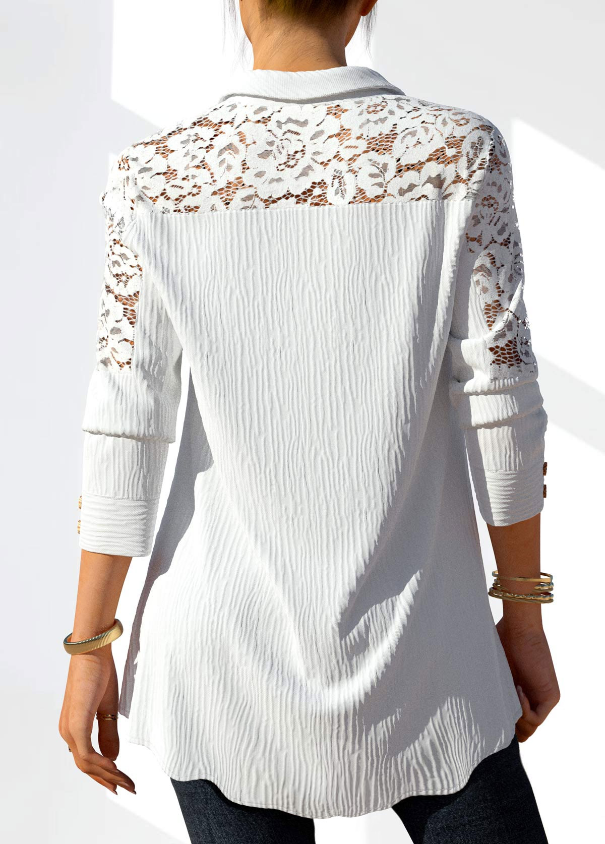 White tops,Plain Color tops,ROTITA Lace Stitching White Button Detail Blouse