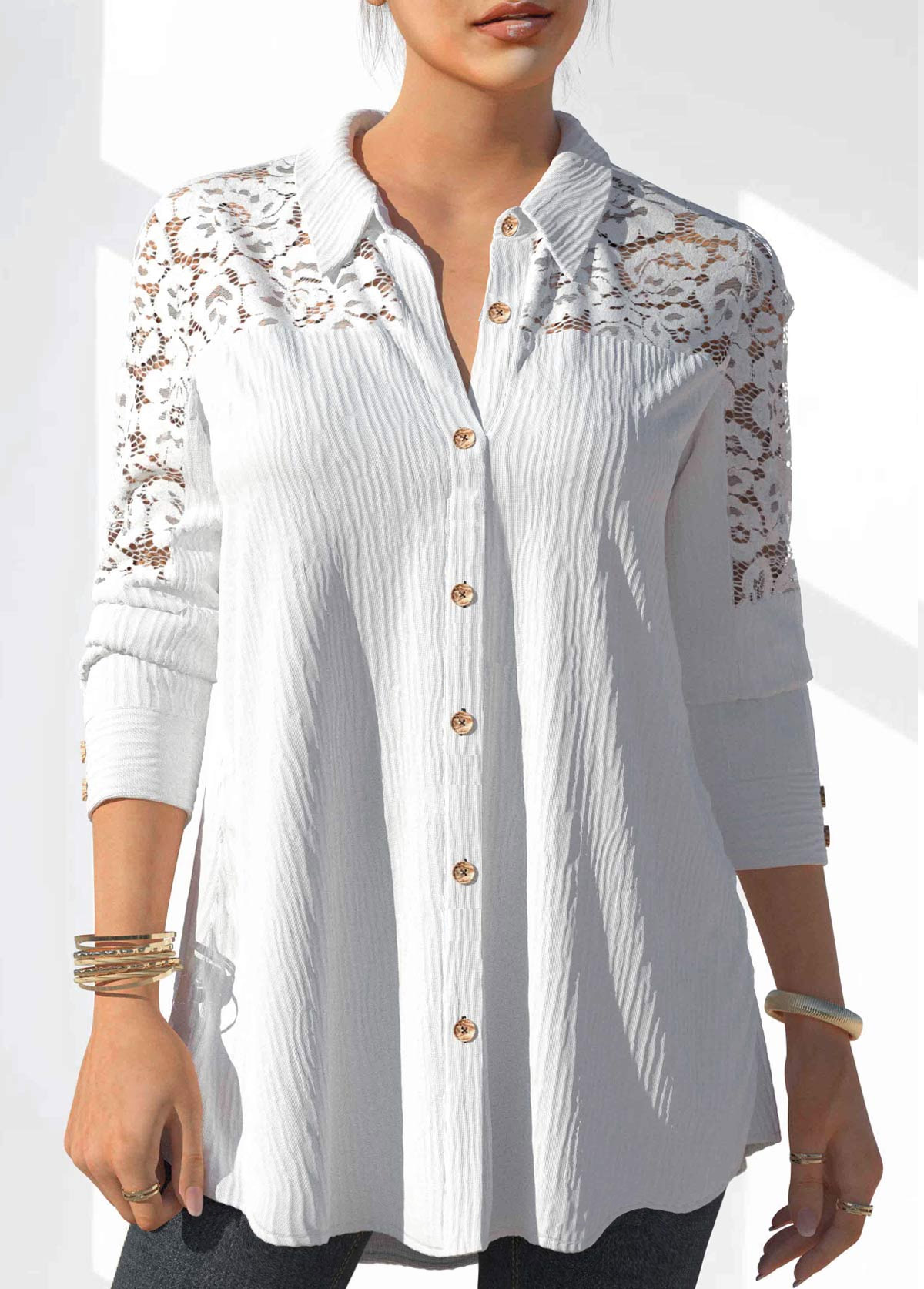 White tops,Plain Color tops,ROTITA Lace Stitching White Button Detail Blouse