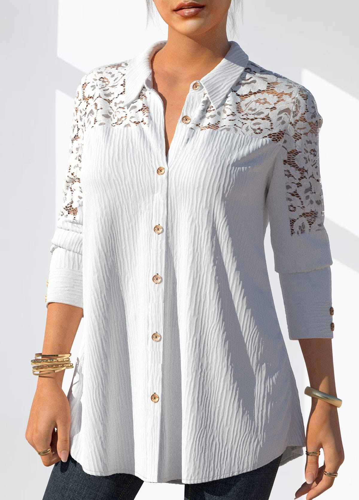 White tops,Plain Color tops,ROTITA Lace Stitching White Button Detail Blouse