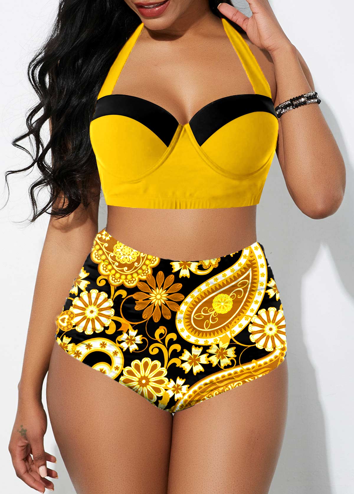 Yellow swimwear,Paisley swimwear,ROTITA Paisley Print High Waisted Yellow Bikini Set