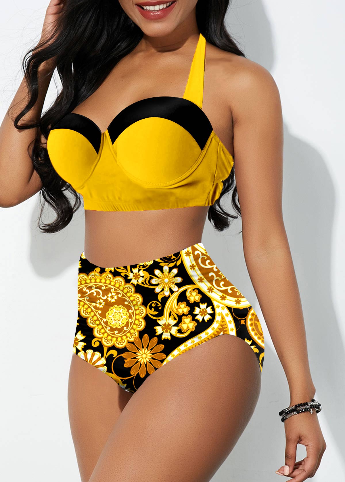 Yellow swimwear,Paisley swimwear,ROTITA Paisley Print High Waisted Yellow Bikini Set