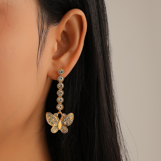 Rhinestone Gold Butterfly Design Metal Detail Earrings