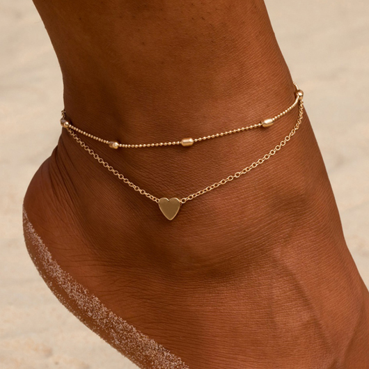 Gold Heart Design Metal Detail Anklet Set