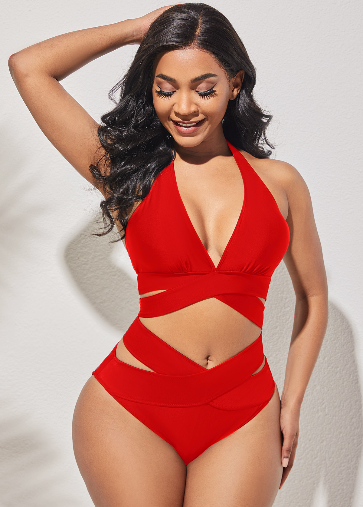 Red swimwear,Plain Color swimwear,ROTITA Cross Strap Halter High Waisted Red Bikini Set