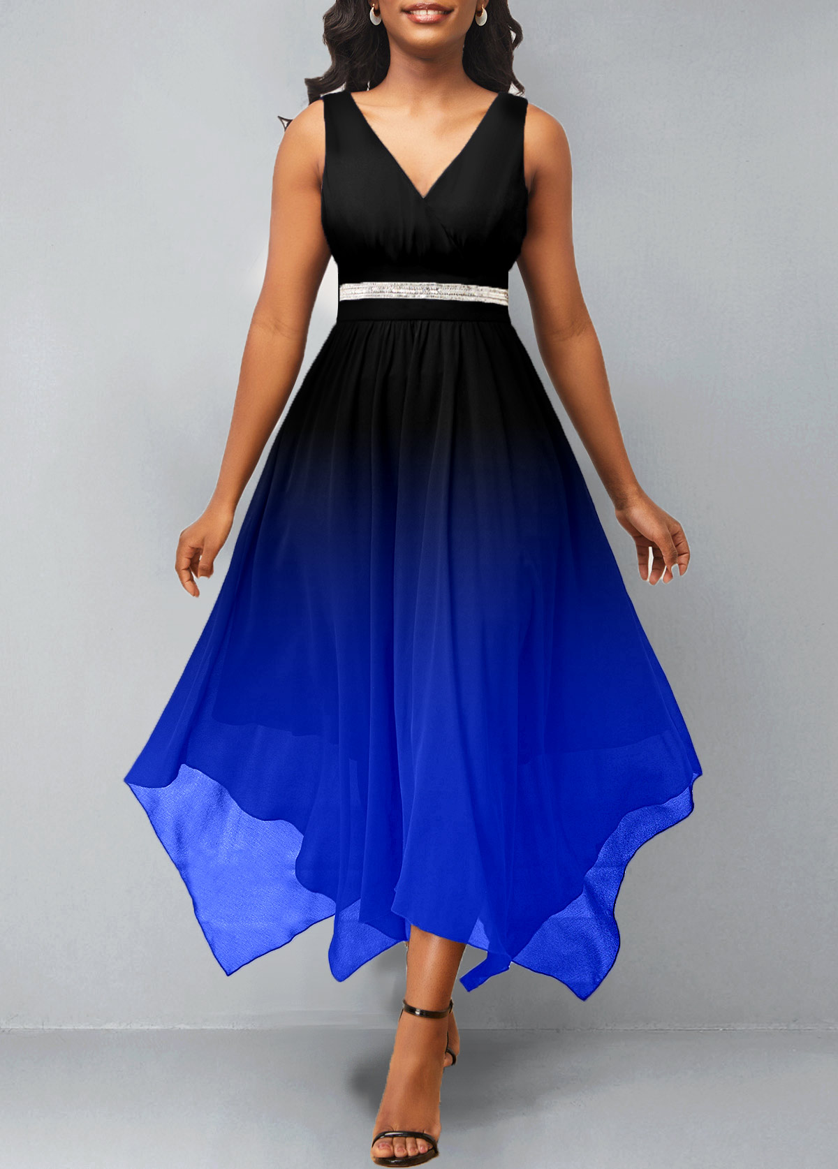 ROTITA Chiffon Ombre Asymmetric Hem Royal Blue Dress