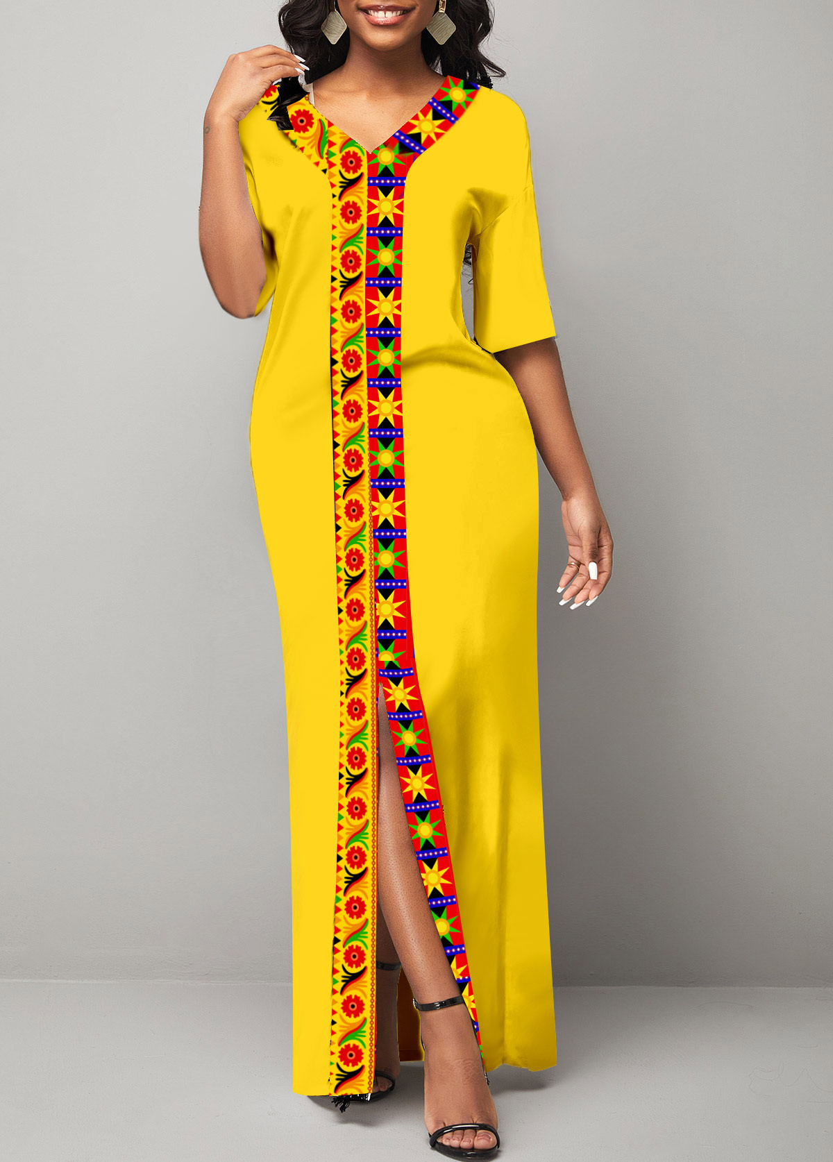 ROTITA Yellow Tribal Print Front Slit Maxi Dress