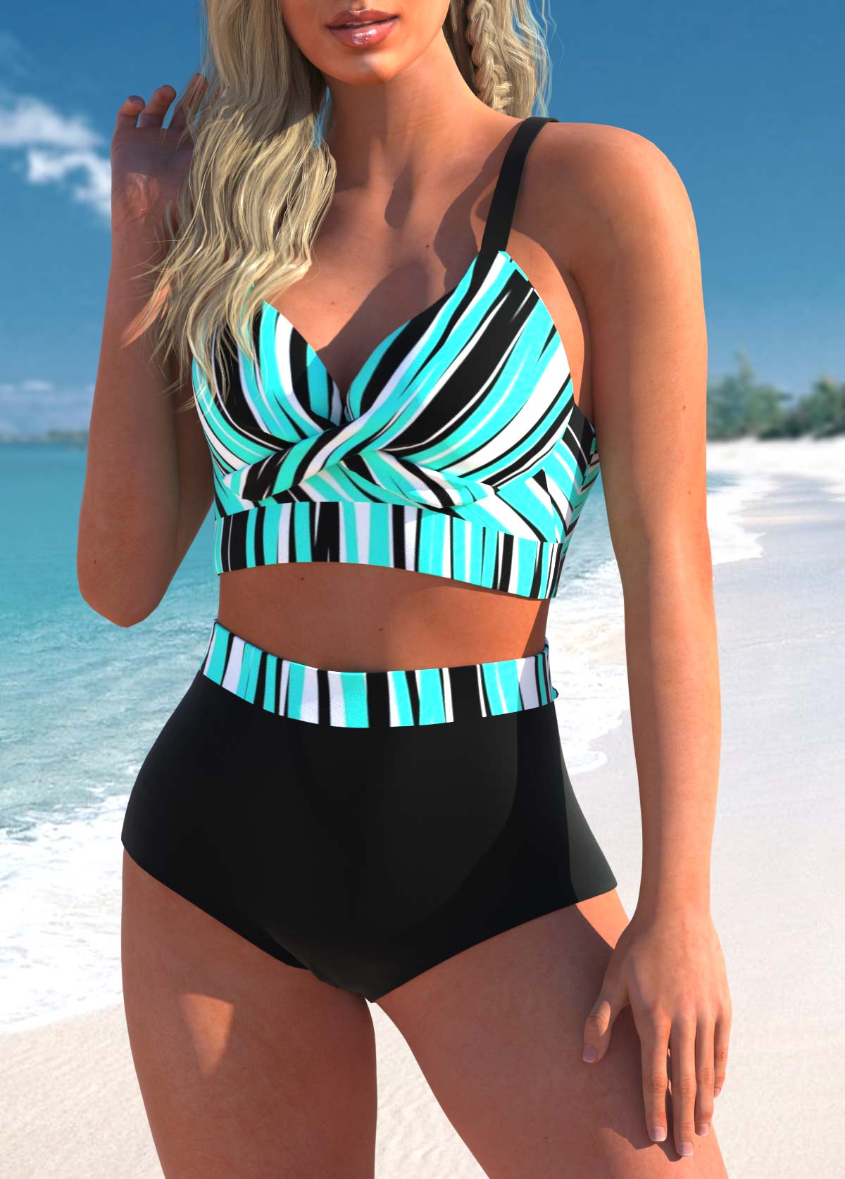 Cyan swimwear,Striped swimwear,ROTITA High Waisted Front Cross Stripe Print Bikini Set