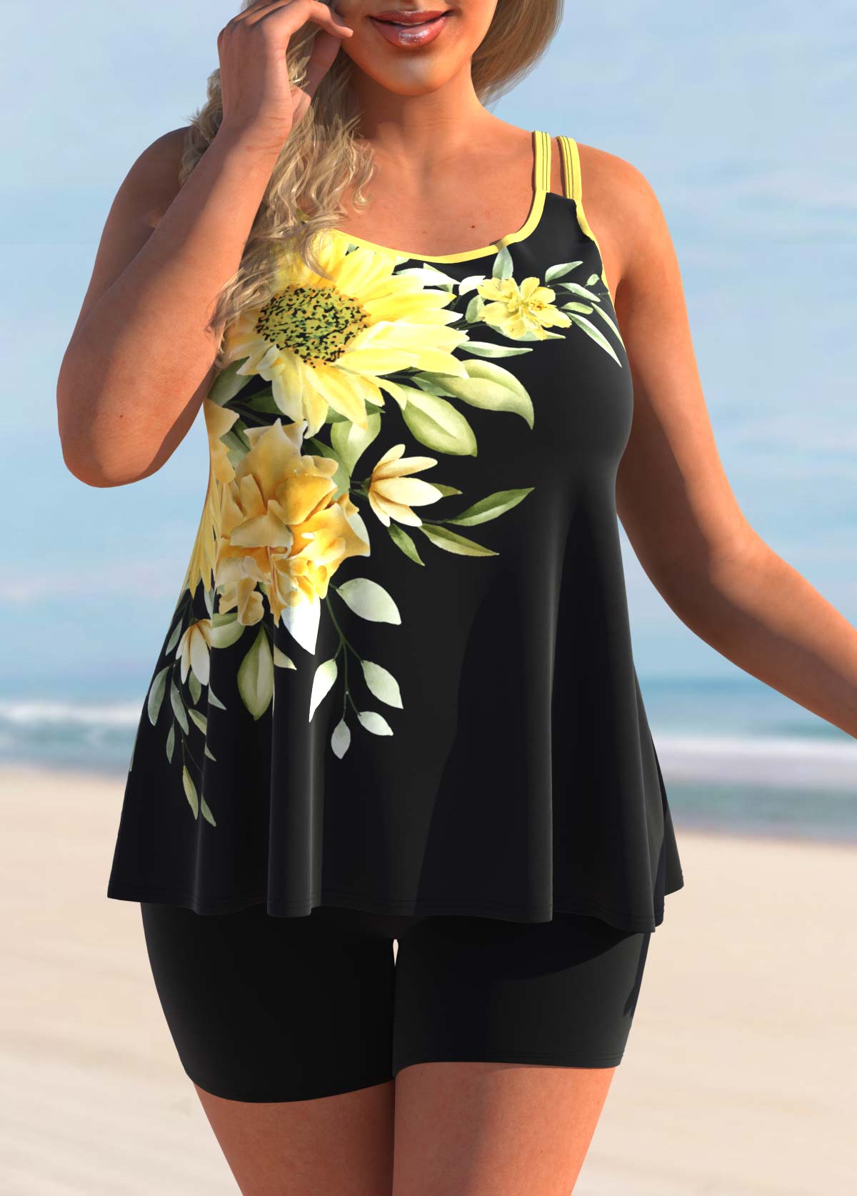 Yellow swimwear,Floral swimwear,ROTITA Sunflower Print Double Straps Yellow Tankini Set
