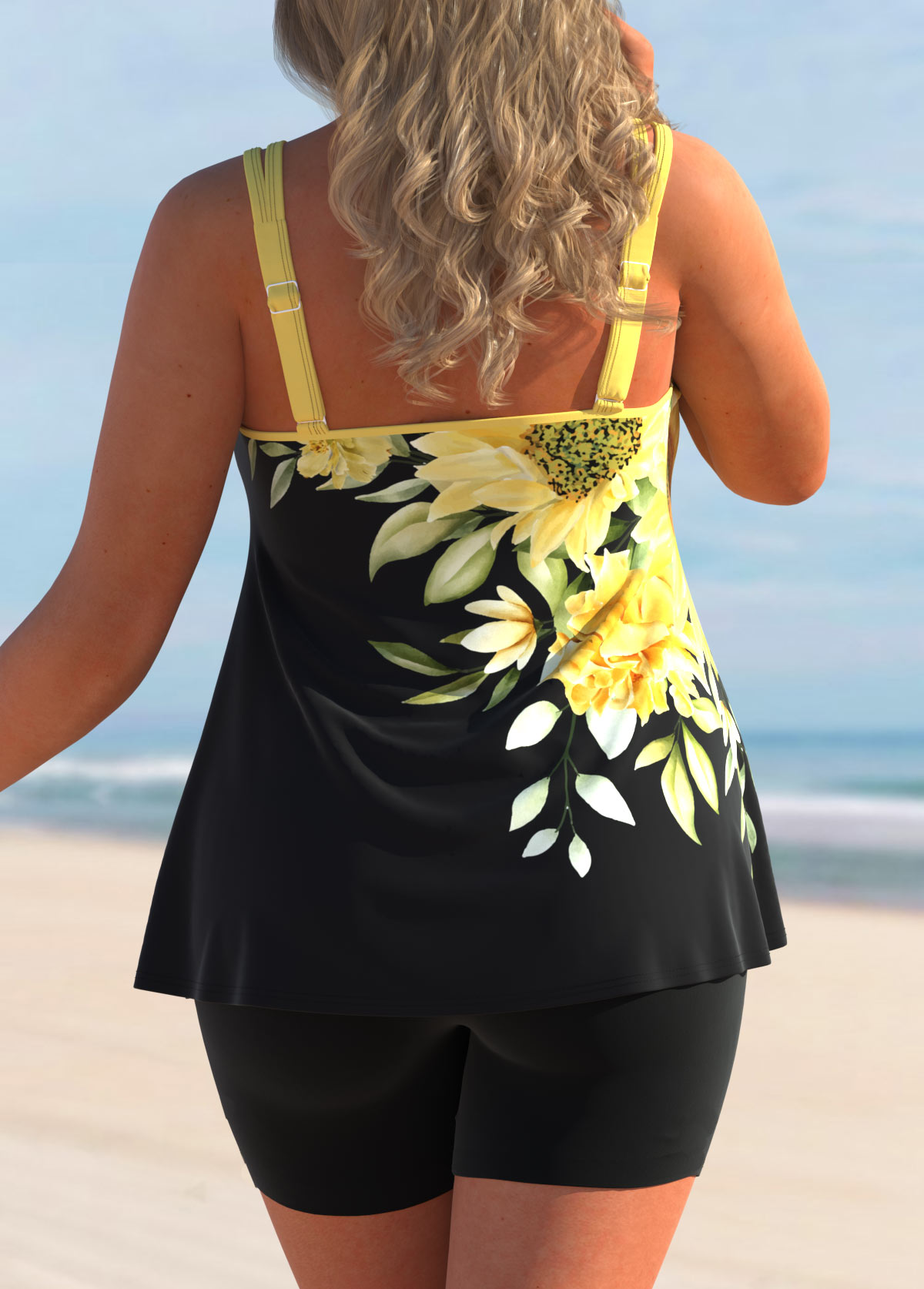 Yellow swimwear,Floral swimwear,ROTITA Sunflower Print Double Straps Yellow Tankini Set
