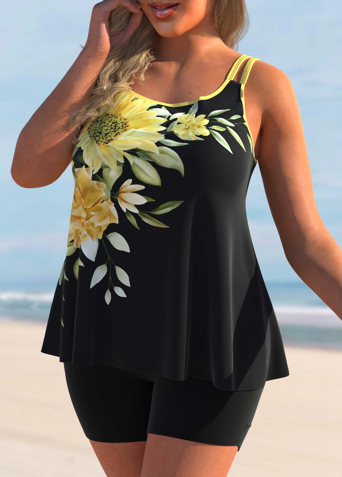 Yellow swimwear,Floral swimwear,ROTITA Sunflower Print Double Straps Yellow Tankini Set