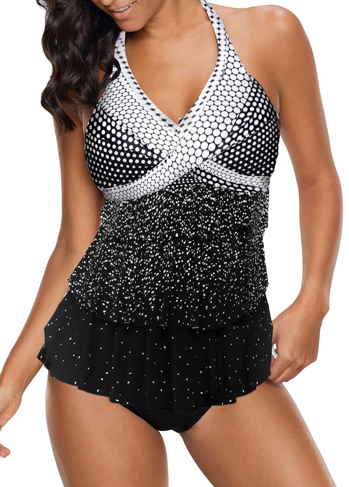 Black swimwear,Dot swimwear,ROTITA Polka Dot Black Ombre Layered Tankini Top