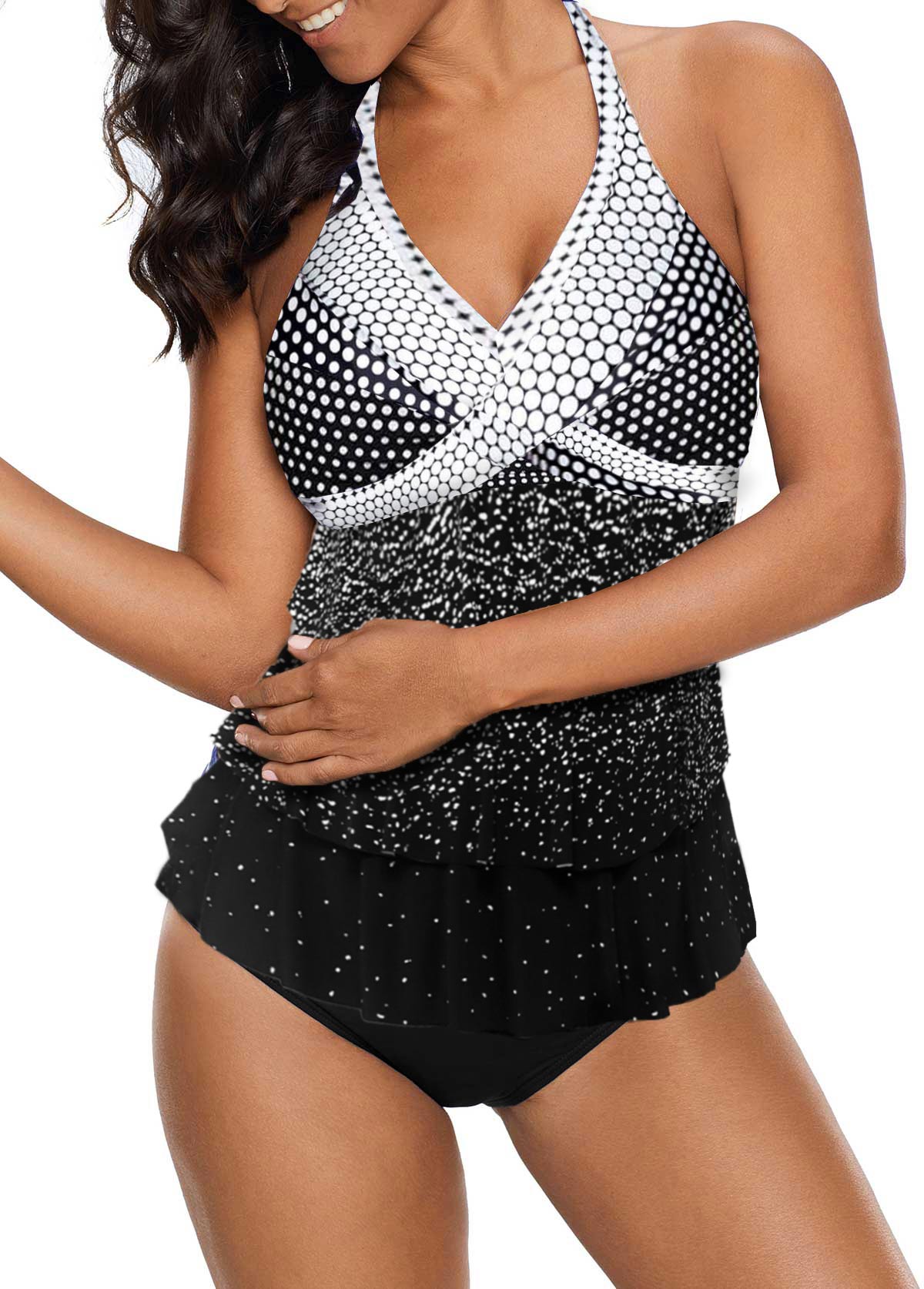 Black swimwear,Dot swimwear,ROTITA Polka Dot Black Ombre Layered Tankini Top