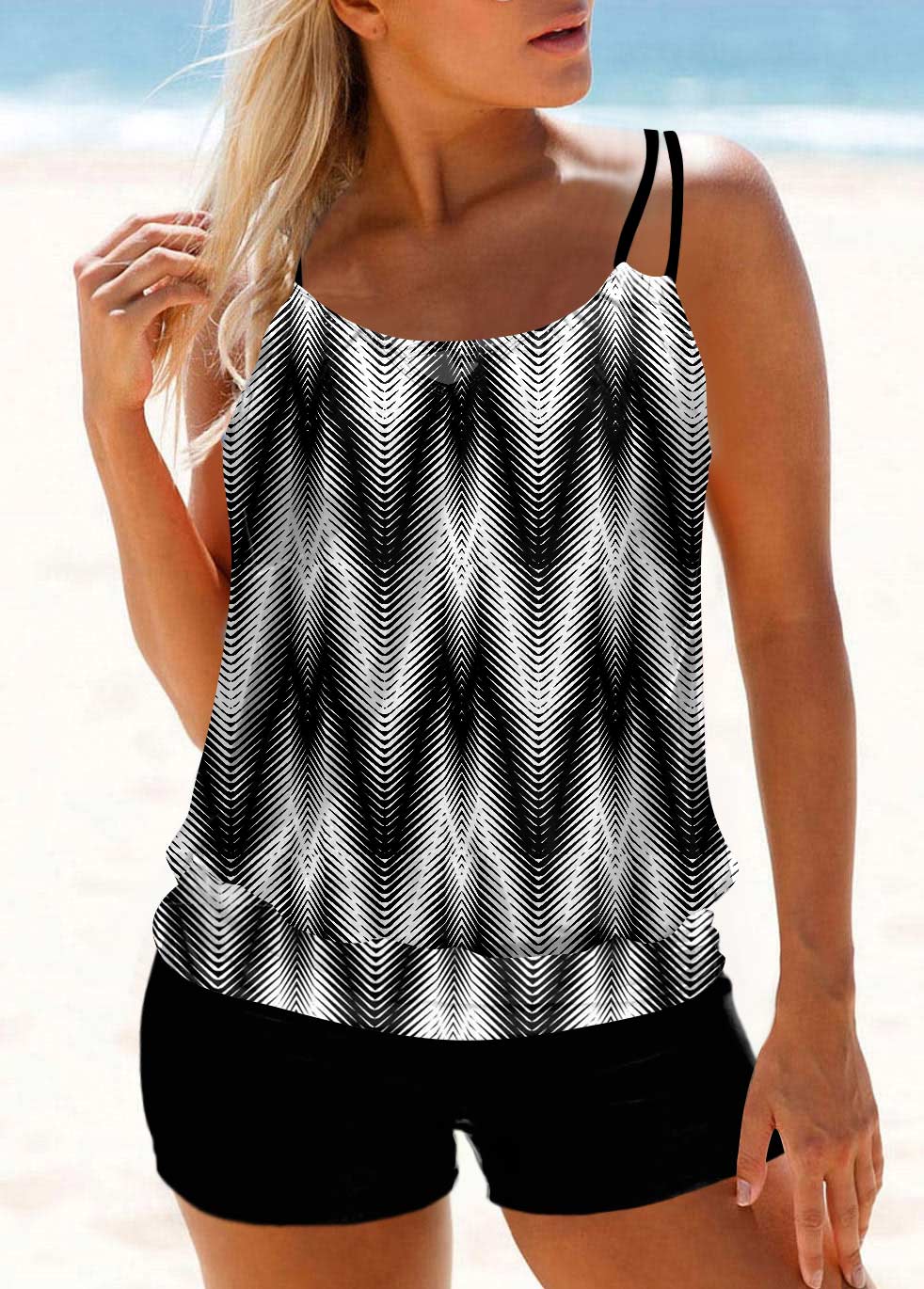 Black swimwear,Geometric swimwear,ROTITA Geometric Print Black Double Straps Tankini Top