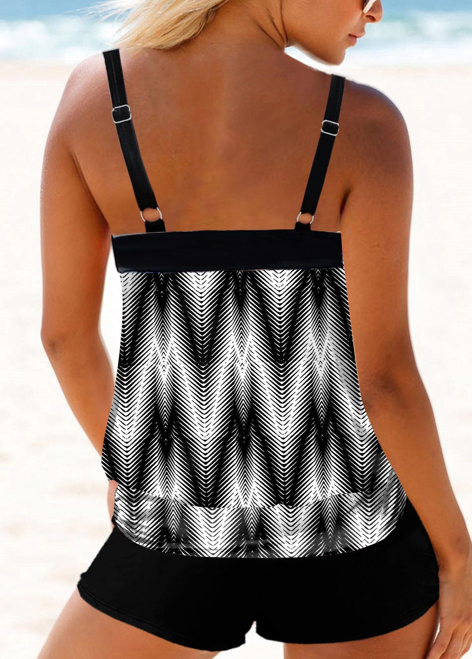 Black swimwear,Geometric swimwear,ROTITA Geometric Print Black Double Straps Tankini Top
