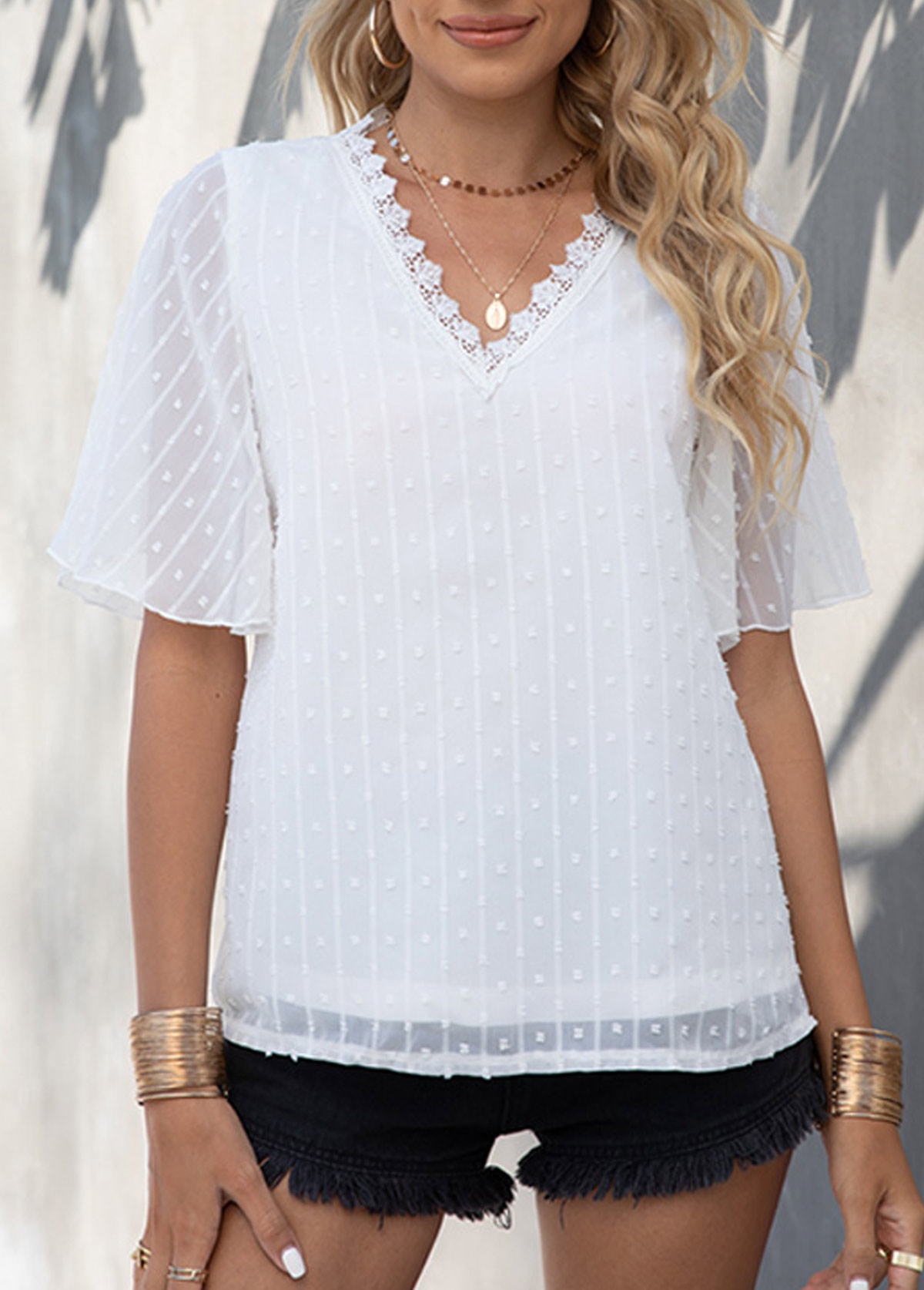 White tops,Plain Color tops,White Textured V Neck Lace Patchwork T Shirt