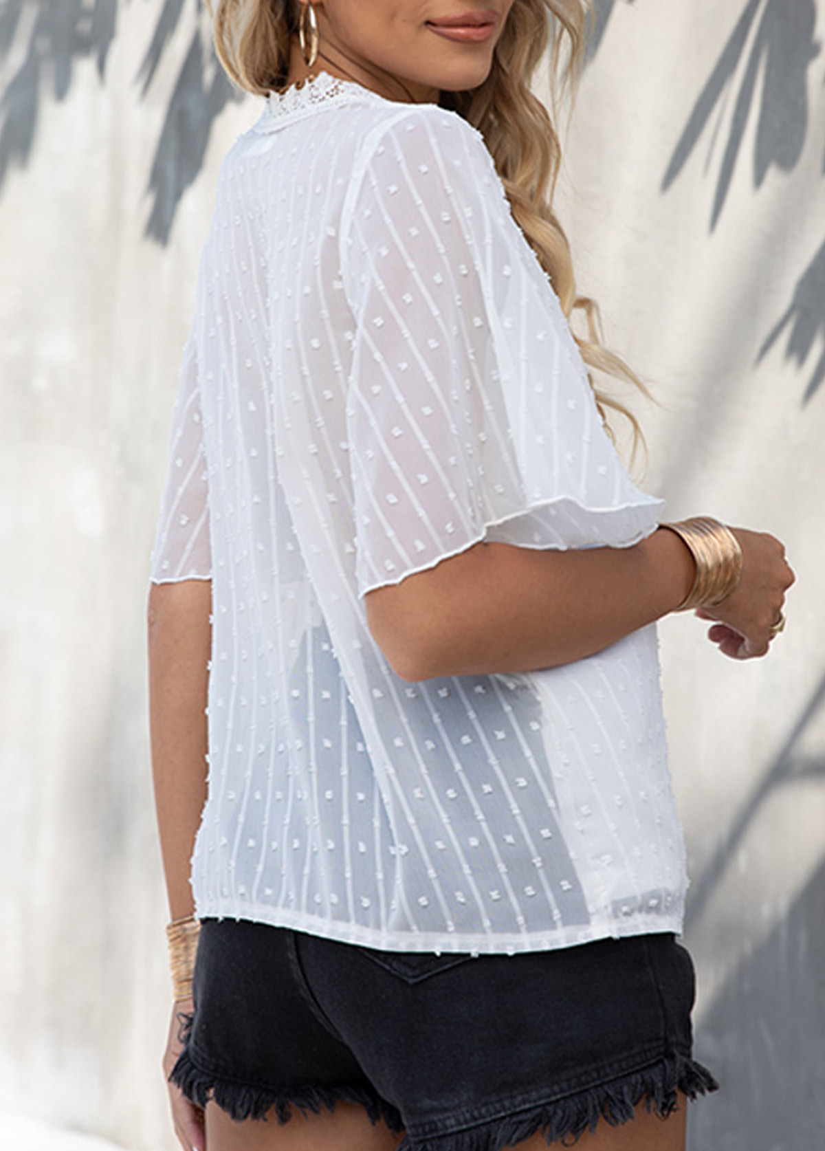 White tops,Plain Color tops,White Textured V Neck Lace Patchwork T Shirt