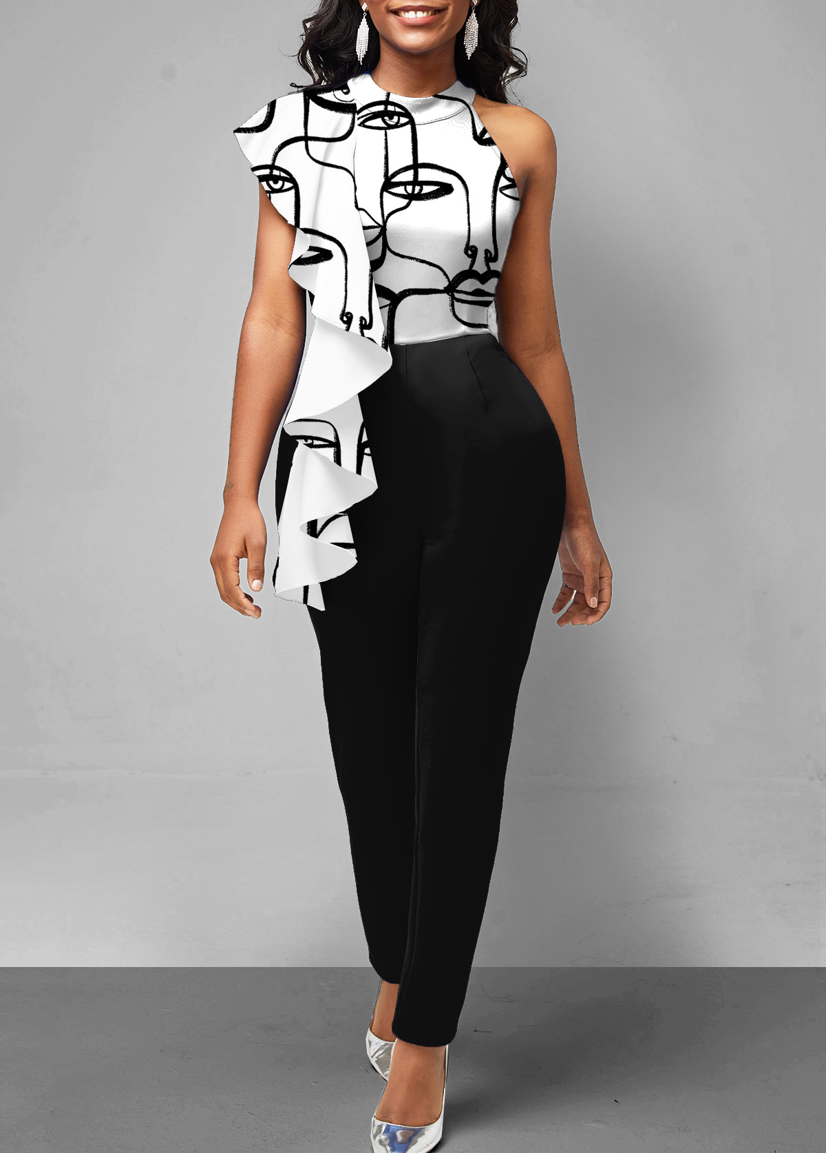 Multi Color jumpsuits & rompers,Graphic jumpsuits & rompers,ROTITA Abstract Art Print Flounce Color Block Jumpsuit