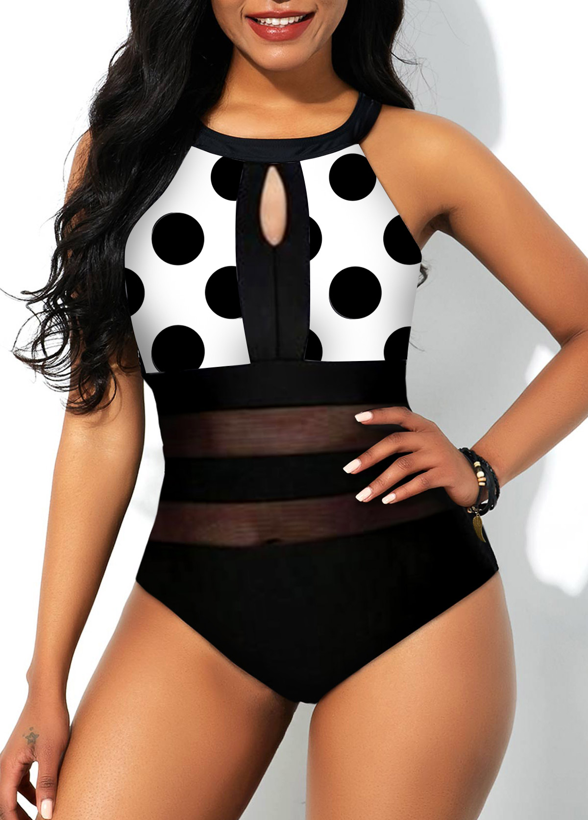 Black swimwear,Dot swimwear,ROTITA Black Polka Dot Mesh Stitching One Piece Swimwear